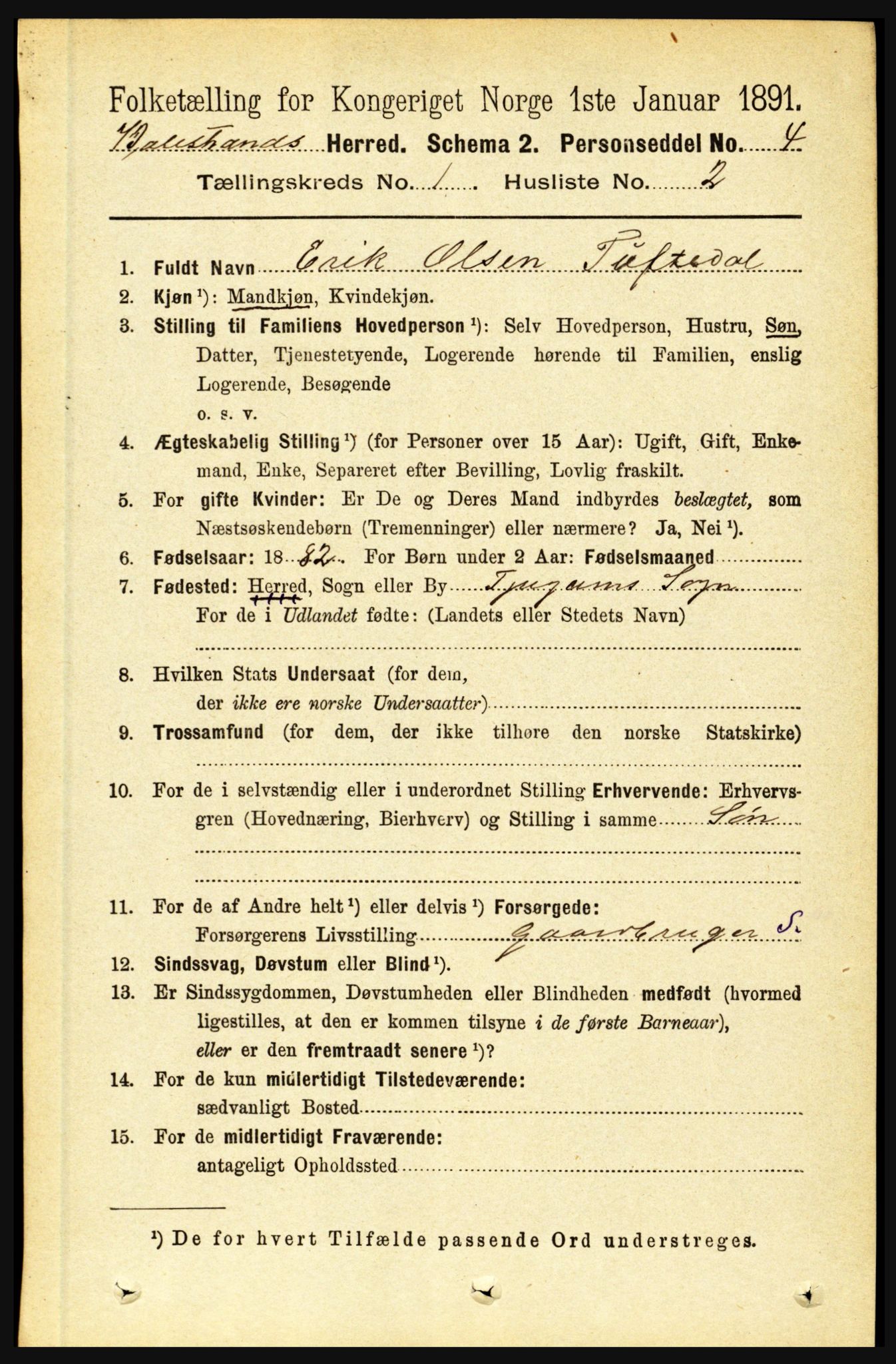 RA, 1891 census for 1418 Balestrand, 1891, p. 74