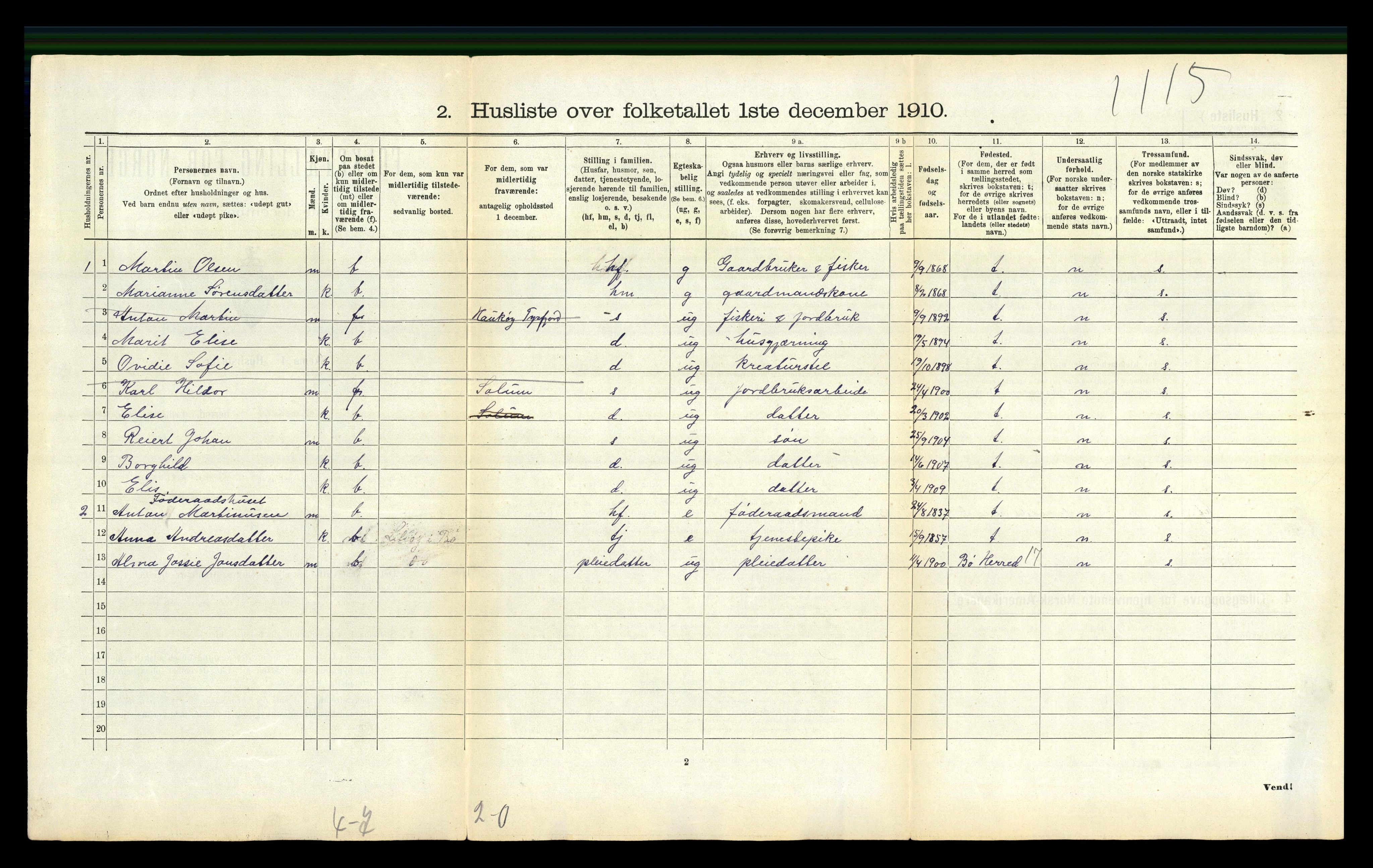 RA, 1910 census for Hadsel, 1910, p. 2206