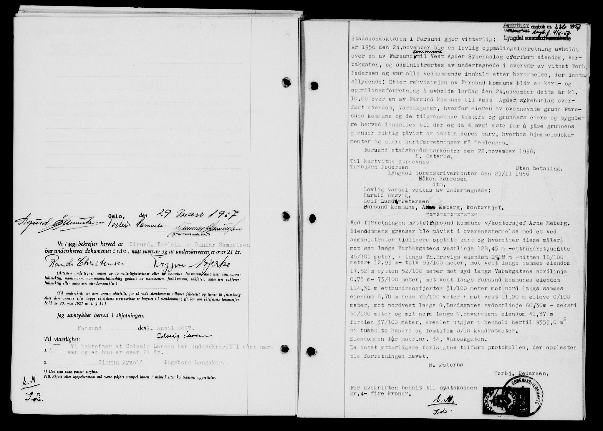 Lyngdal sorenskriveri, AV/SAK-1221-0004/G/Gb/L0676: Mortgage book no. A XXII, 1957-1957, Diary no: : 236/1957