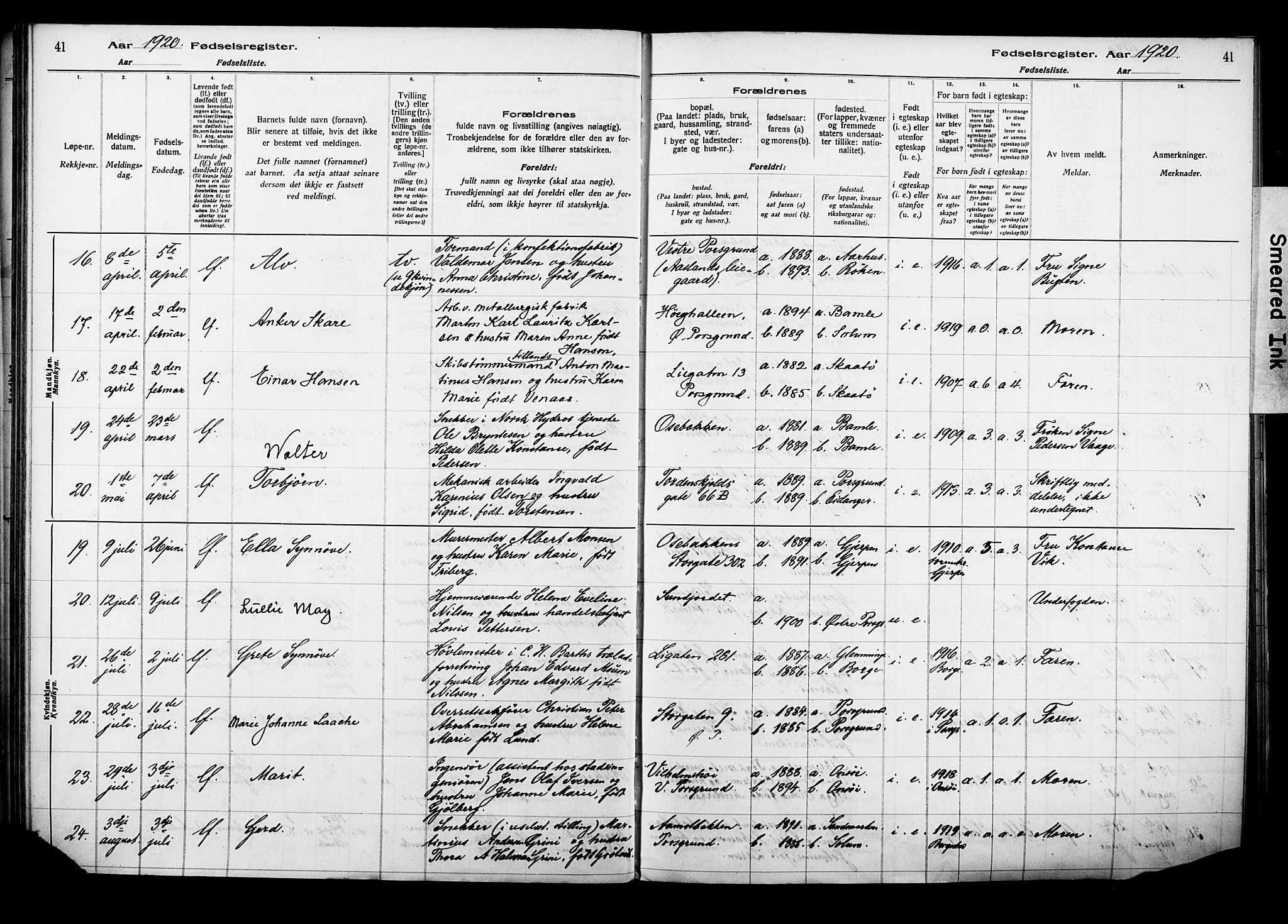 Porsgrunn kirkebøker , AV/SAKO-A-104/J/Ja/L0001: Birth register no. 1, 1916-1929, p. 41