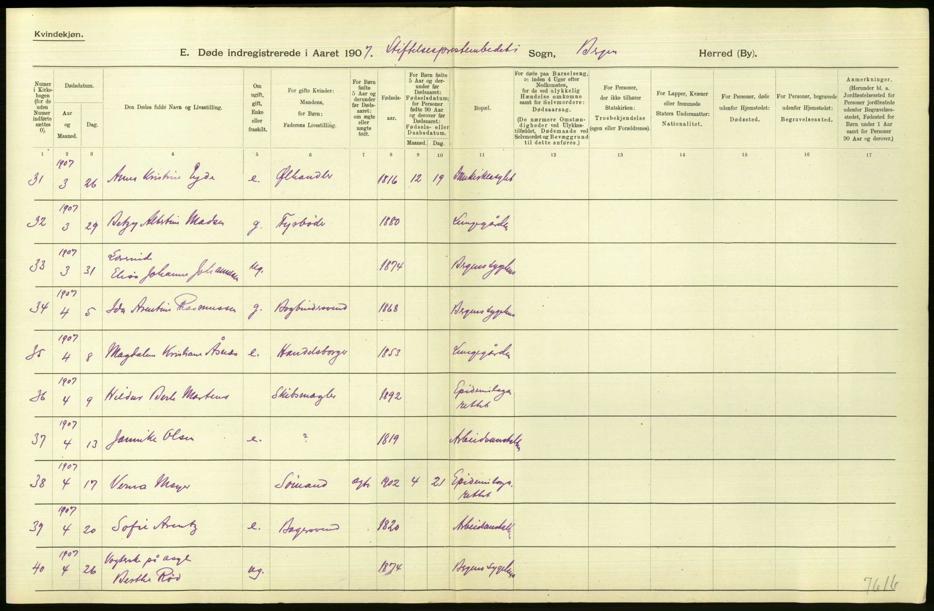 Statistisk sentralbyrå, Sosiodemografiske emner, Befolkning, AV/RA-S-2228/D/Df/Dfa/Dfae/L0031: Bergen: gifte, døde, dødfødte., 1907, p. 180