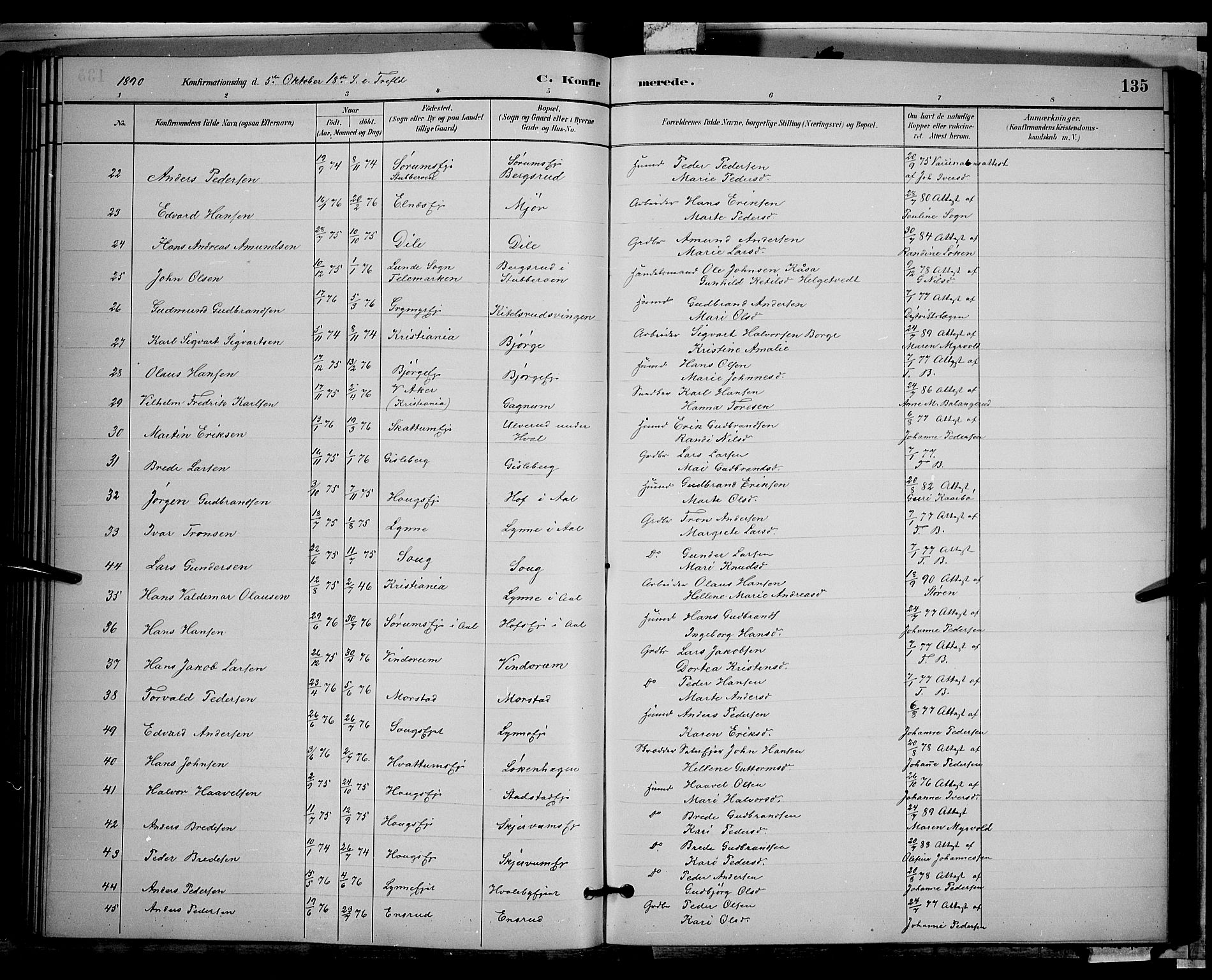 Gran prestekontor, SAH/PREST-112/H/Ha/Hab/L0002: Parish register (copy) no. 2, 1879-1892, p. 135