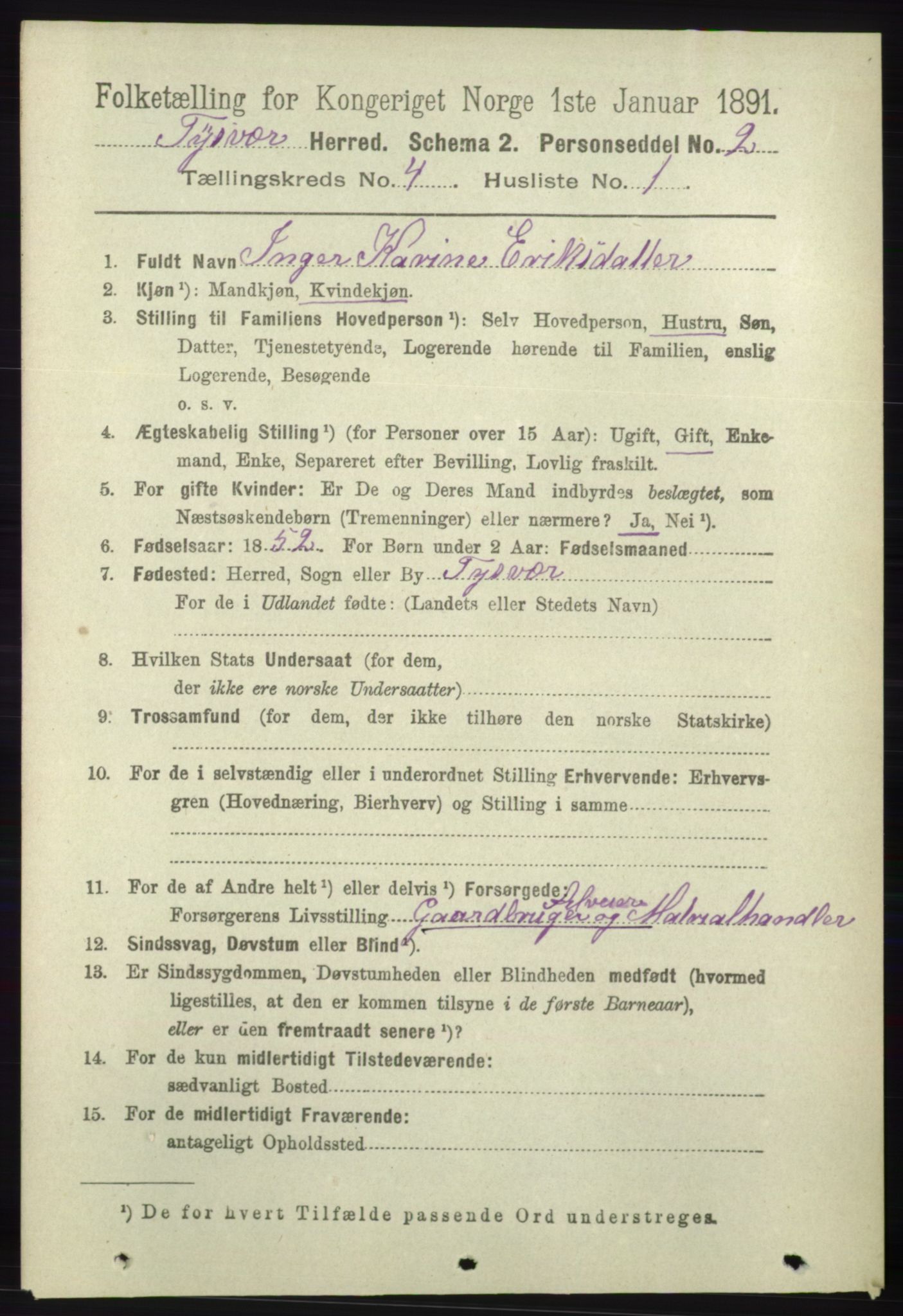 RA, 1891 census for 1146 Tysvær, 1891, p. 1512