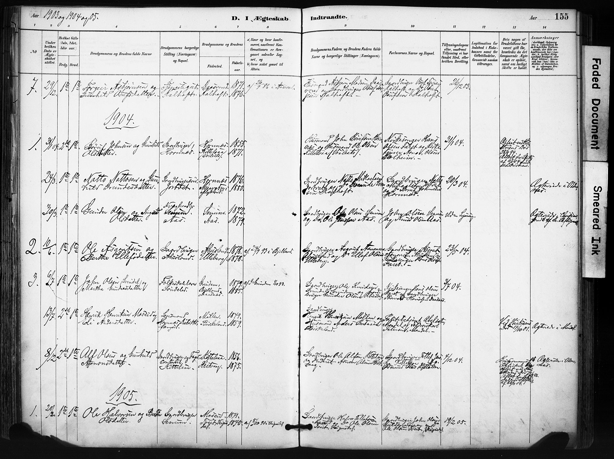 Evje sokneprestkontor, SAK/1111-0008/F/Fa/Fab/L0003: Parish register (official) no. A 3, 1884-1909, p. 155