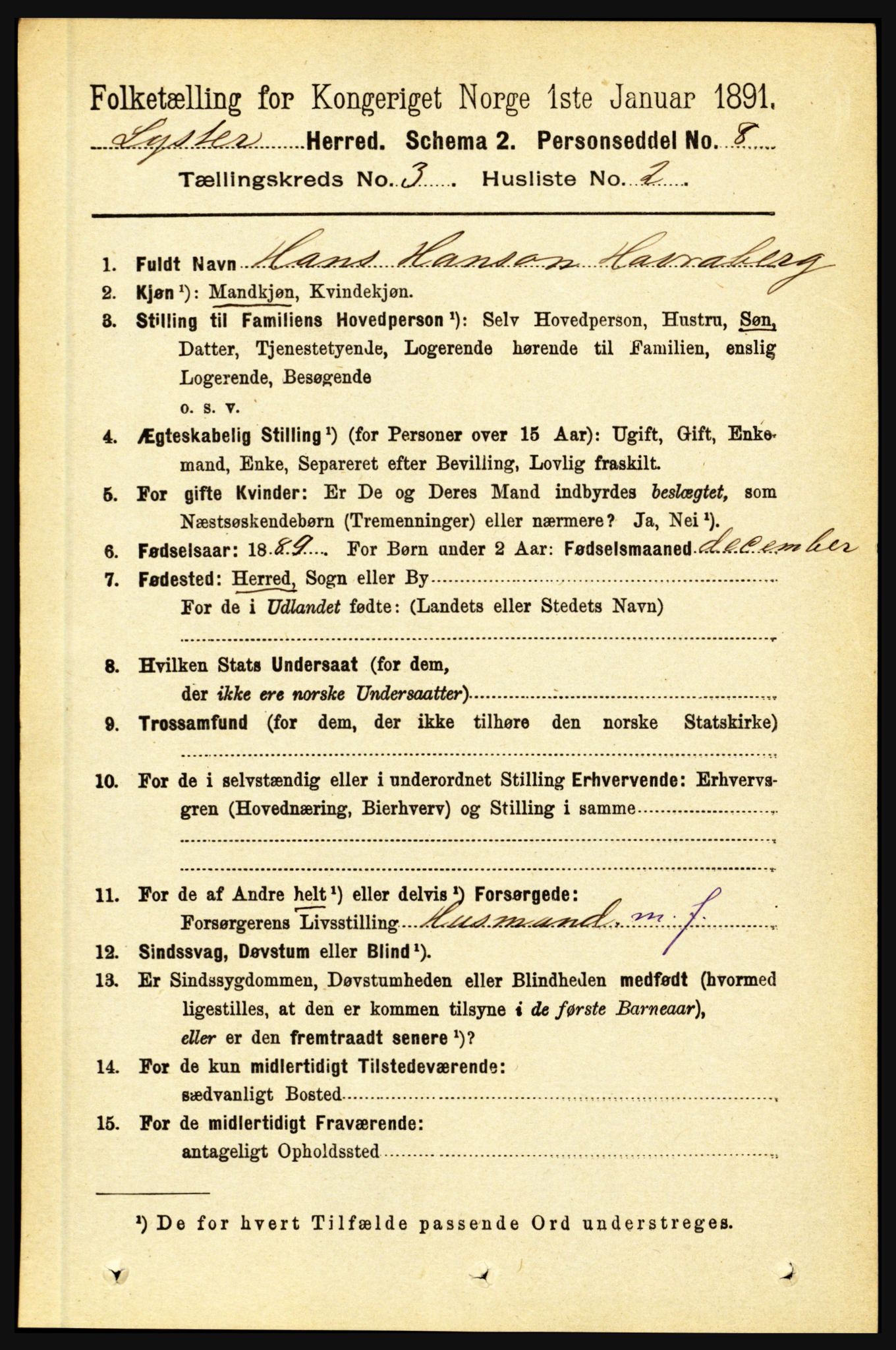 RA, 1891 census for 1426 Luster, 1891, p. 1163