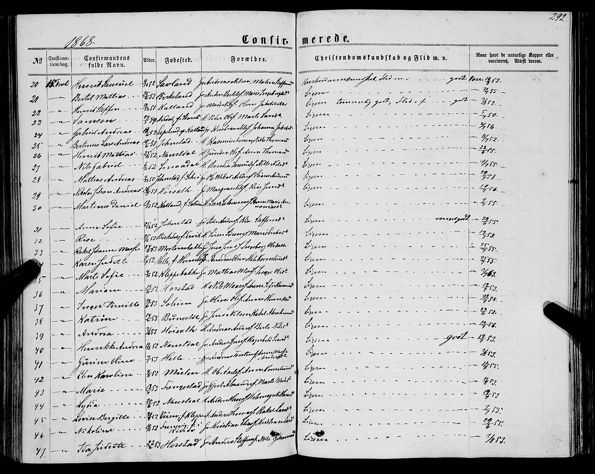 Førde sokneprestembete, SAB/A-79901/H/Haa/Haaa/L0009: Parish register (official) no. A 9, 1861-1877, p. 292
