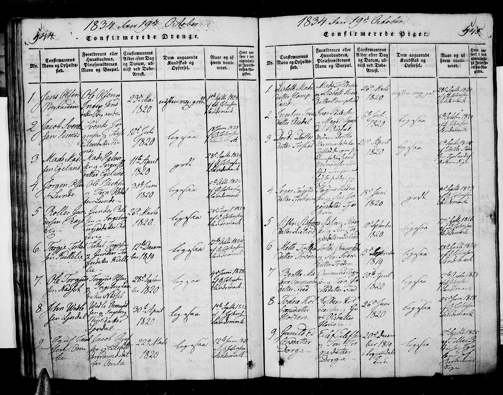 Sirdal sokneprestkontor, SAK/1111-0036/F/Fa/Fab/L0001: Parish register (official) no. A 1, 1815-1834, p. 544-545