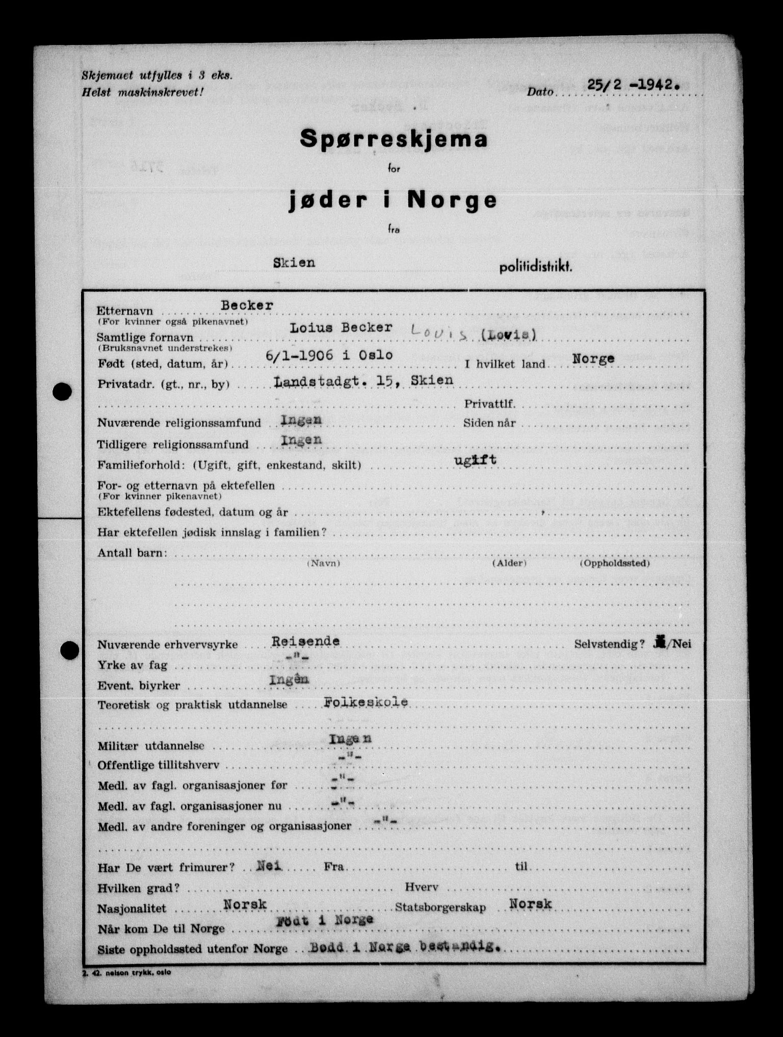 Statspolitiet - Hovedkontoret / Osloavdelingen, AV/RA-S-1329/G/Ga/L0013: Spørreskjema for jøder i Norge. 1: Sandefjord-Trondheim. 2: Tønsberg- Ålesund.  3: Skriv vedr. jøder A-H.  , 1942-1943, p. 46