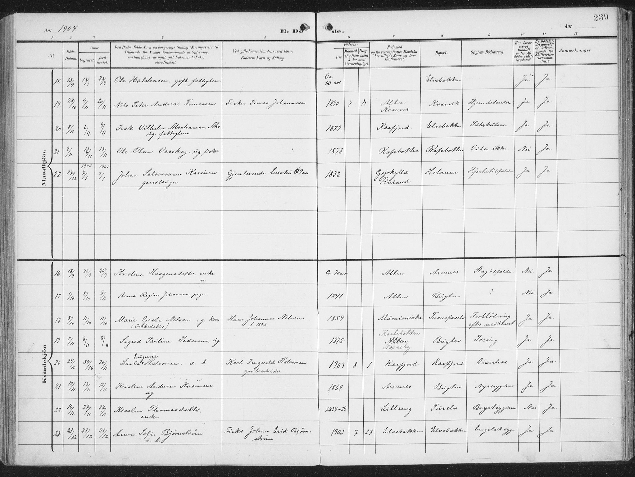 Alta sokneprestkontor, SATØ/S-1338/H/Ha/L0005.kirke: Parish register (official) no. 5, 1904-1918, p. 239