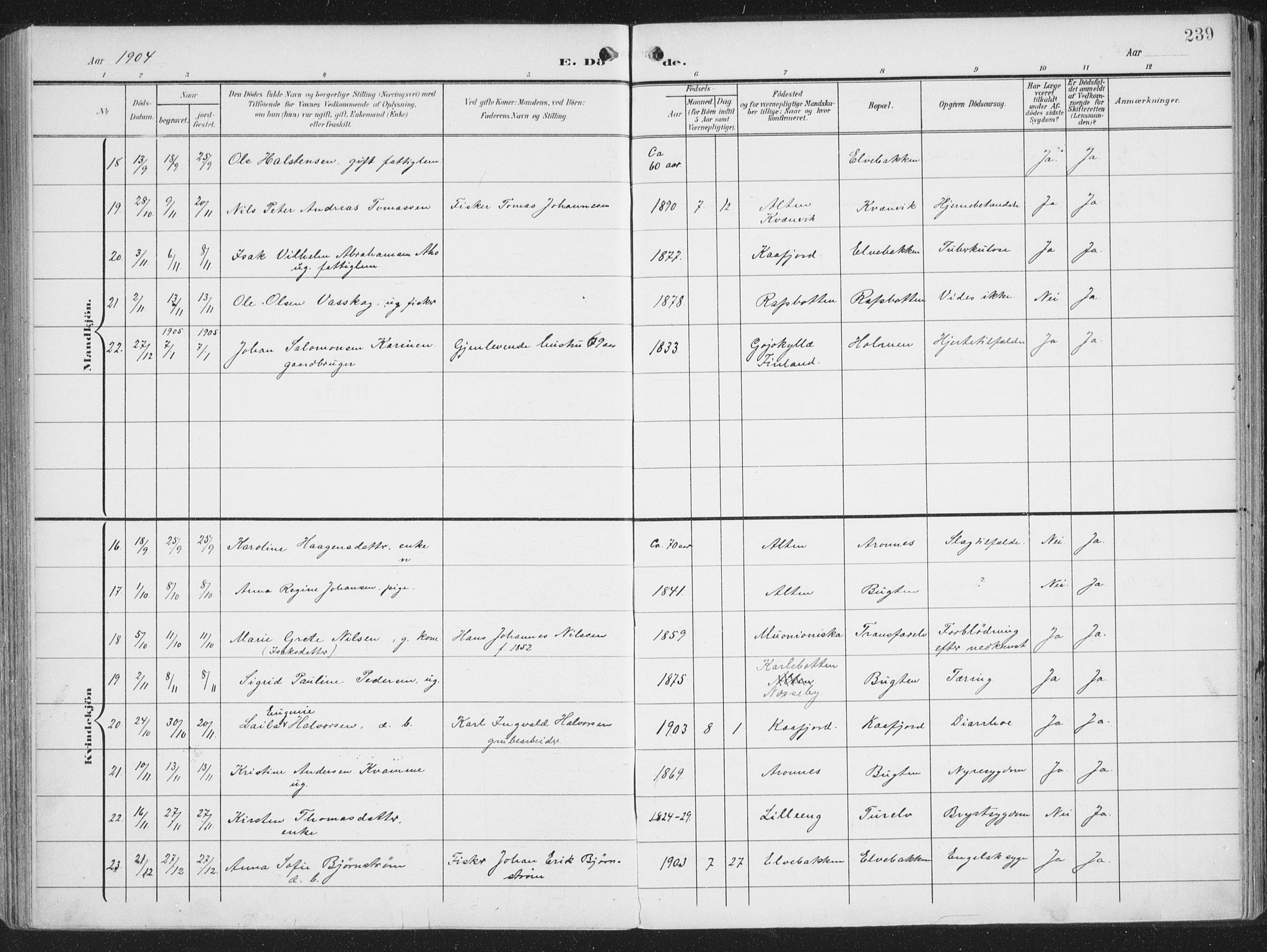 Alta sokneprestkontor, AV/SATØ-S-1338/H/Ha/L0005.kirke: Parish register (official) no. 5, 1904-1918, p. 239