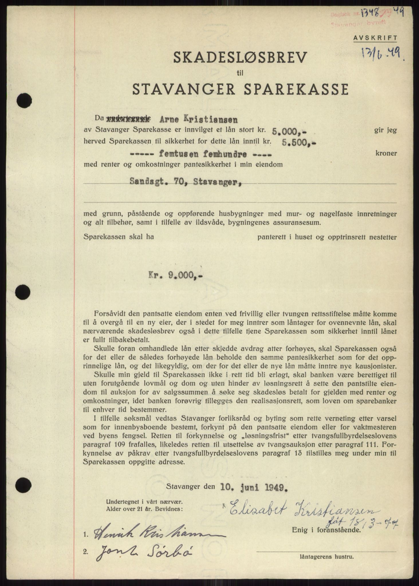 Stavanger byrett, SAST/A-100455/002/G/Gb/L0032: Mortgage book, 1947-1950, Diary no: : 1348/1949