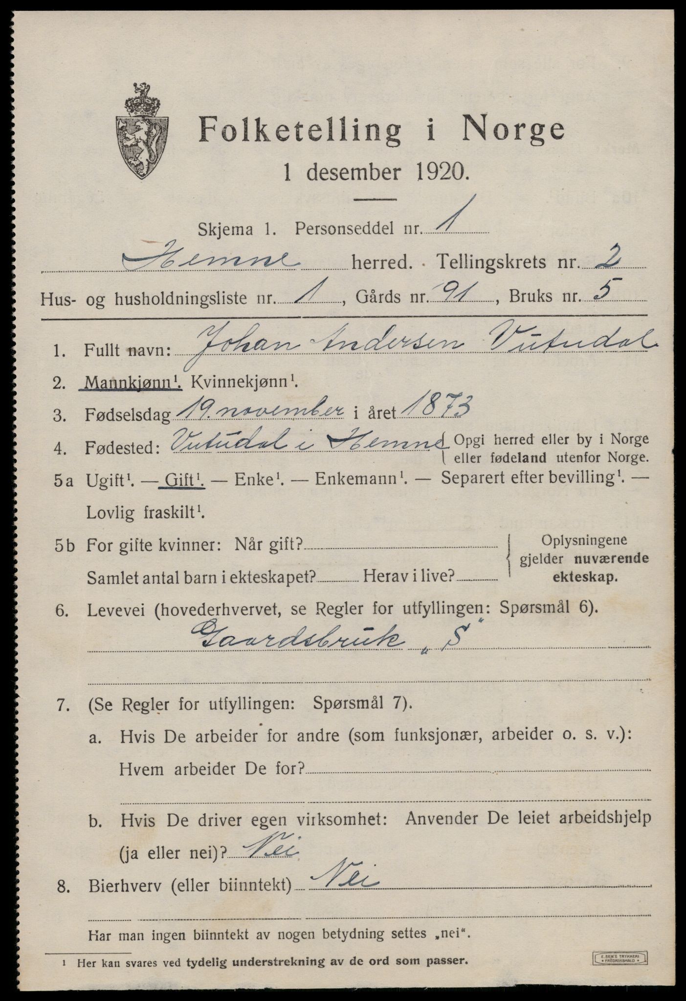 SAT, 1920 census for Hemne, 1920, p. 1806