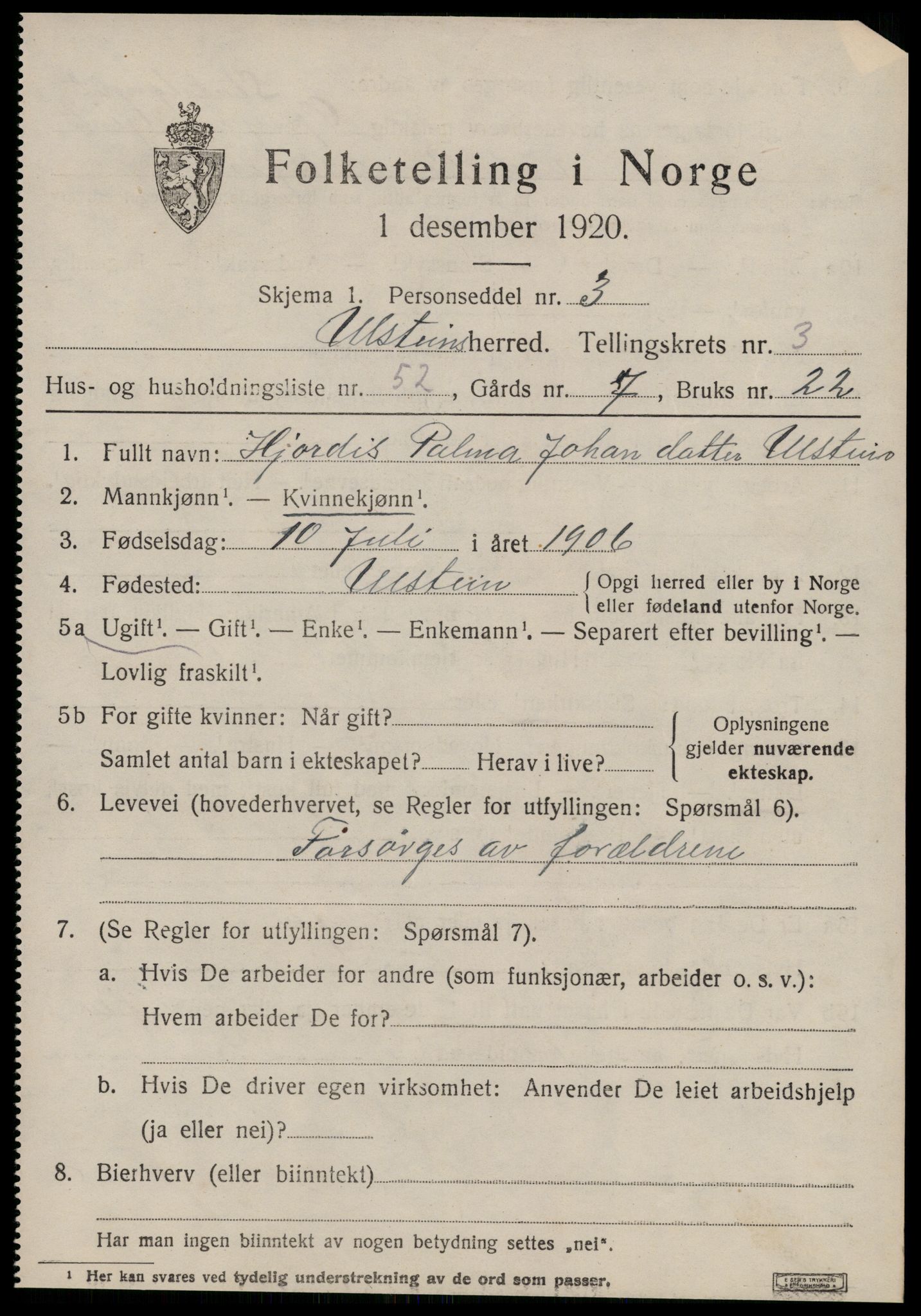 SAT, 1920 census for Ulstein, 1920, p. 2608