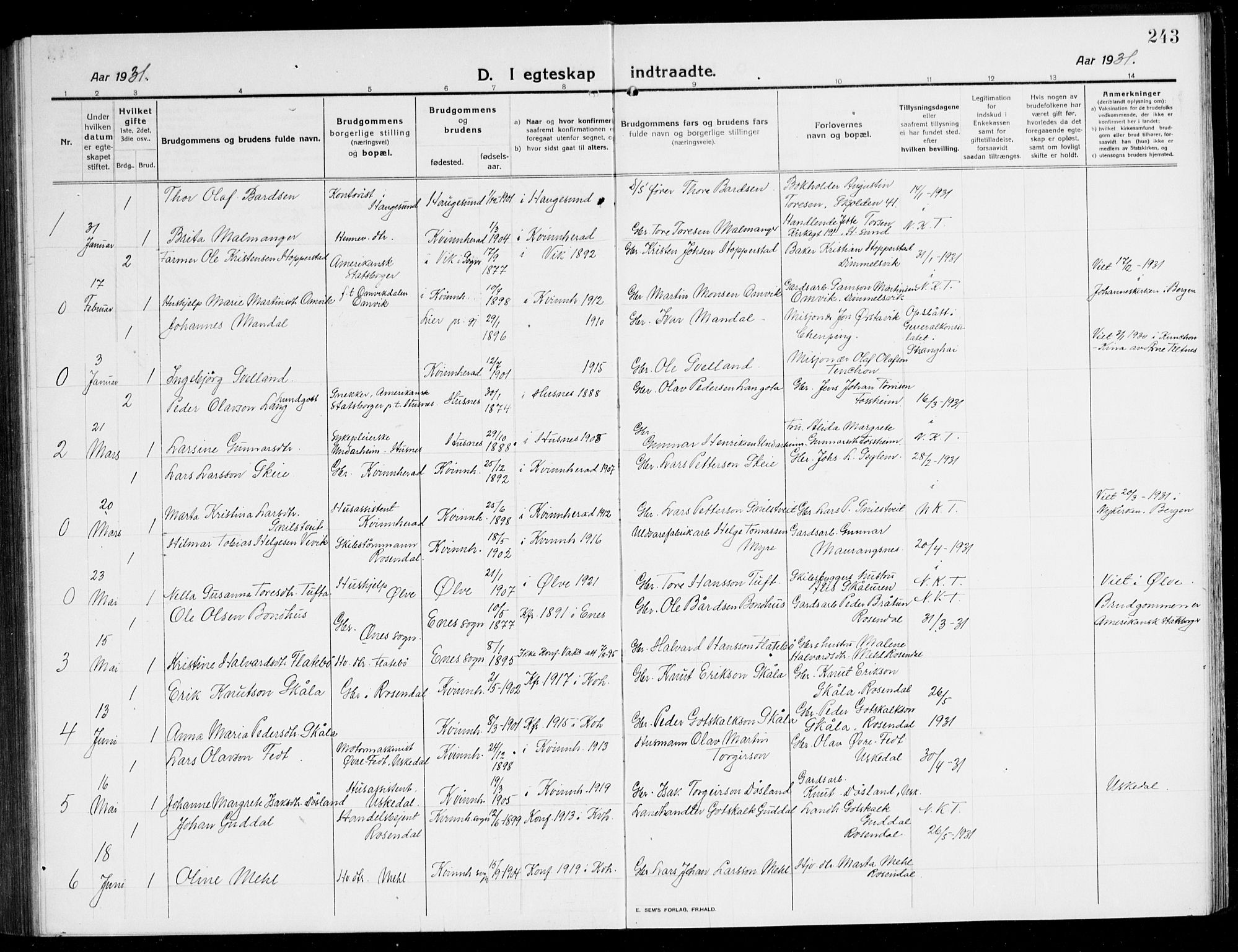 Kvinnherad sokneprestembete, AV/SAB-A-76401/H/Hab: Parish register (copy) no. A 3, 1911-1945, p. 243