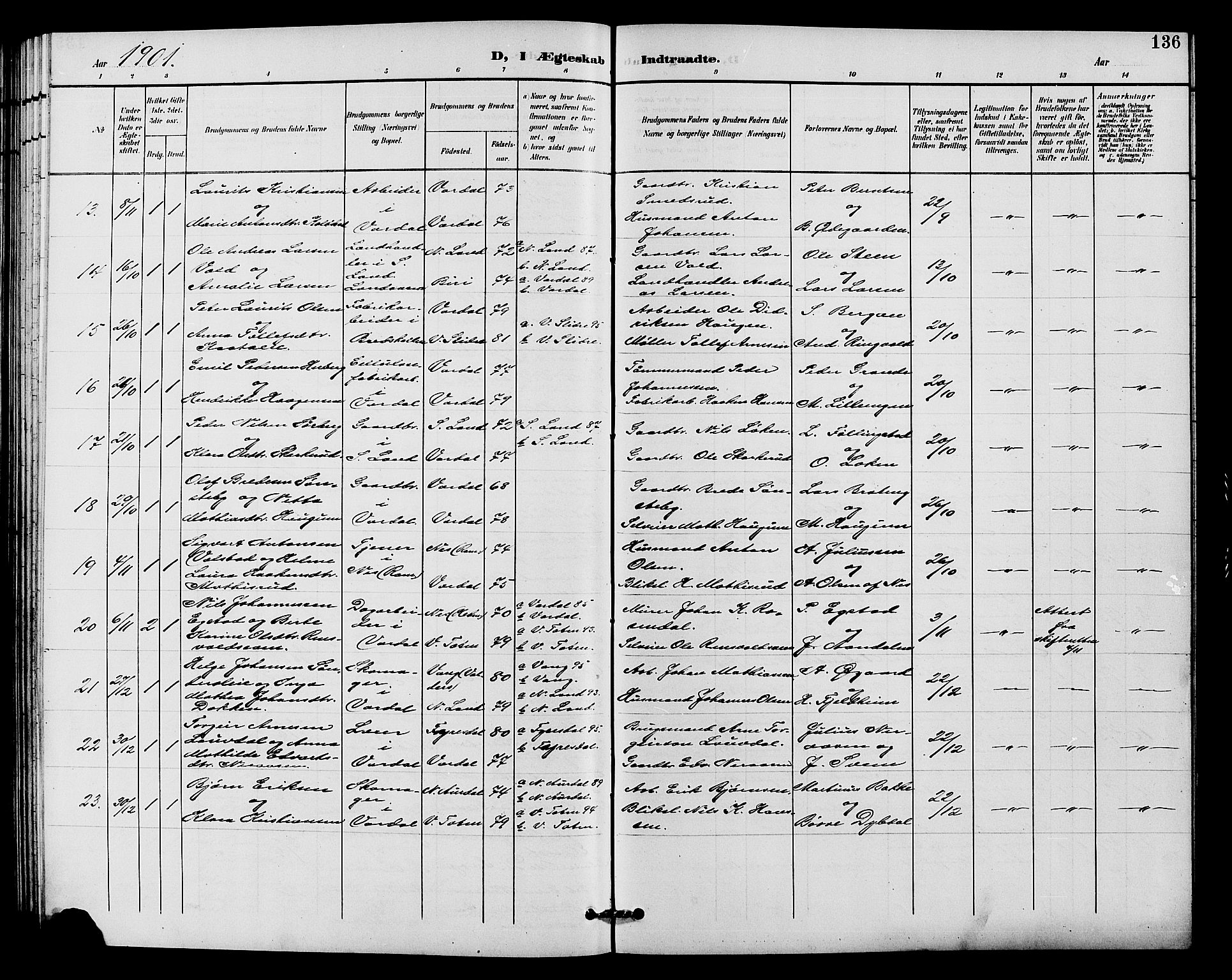 Vardal prestekontor, SAH/PREST-100/H/Ha/Hab/L0011: Parish register (copy) no. 11, 1899-1913, p. 136