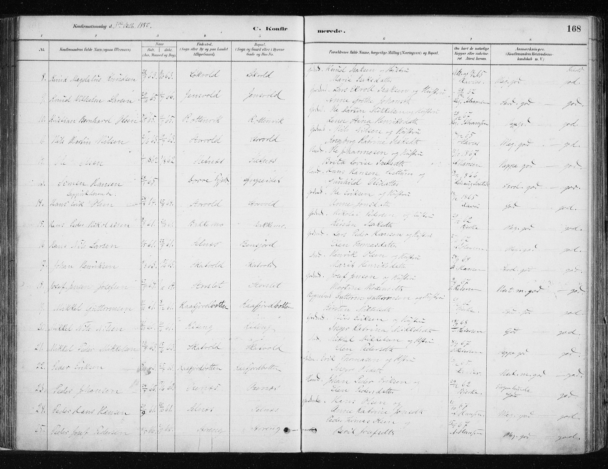 Lyngen sokneprestembete, AV/SATØ-S-1289/H/He/Hea/L0007kirke: Parish register (official) no. 7, 1879-1890, p. 168