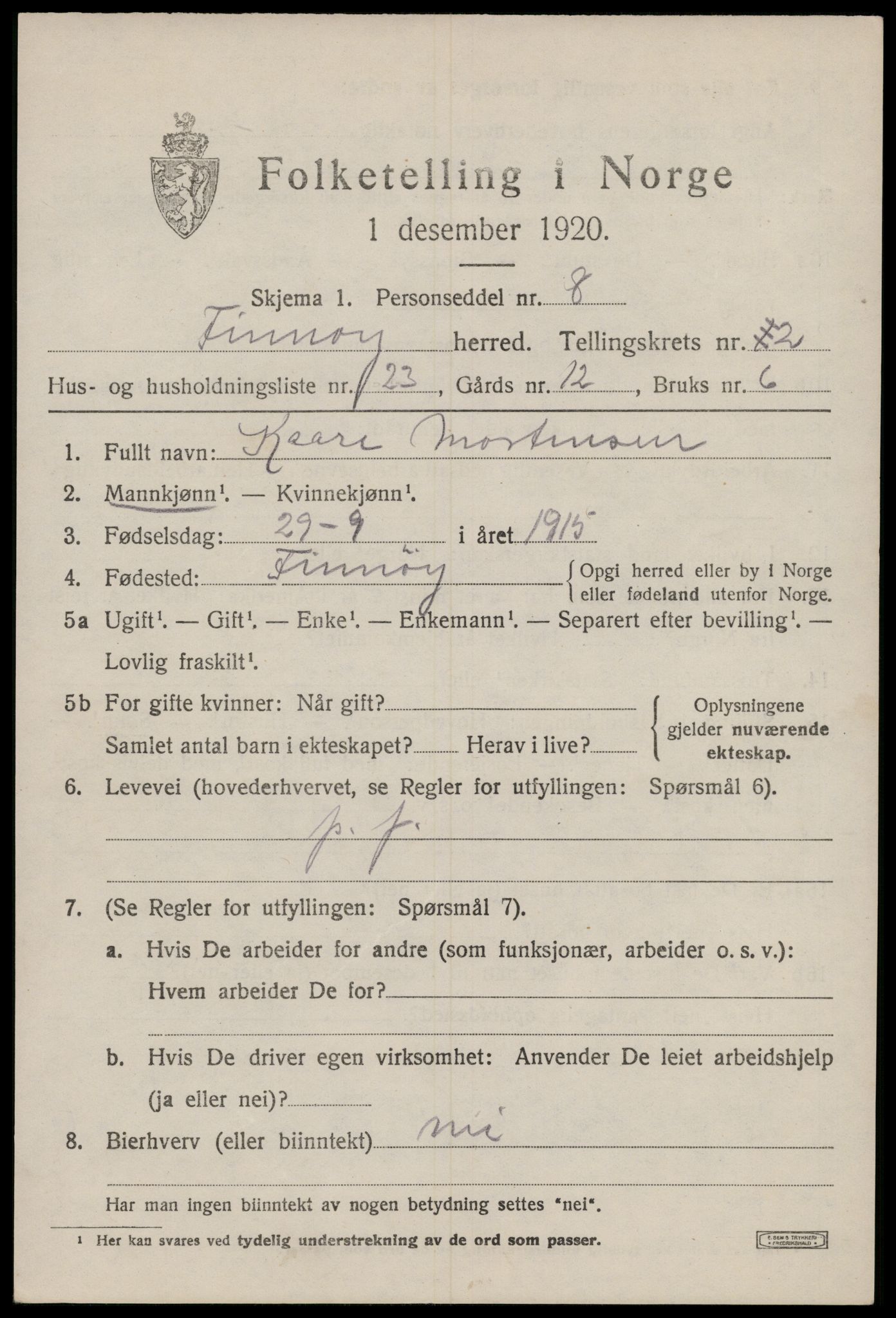 SAST, 1920 census for Finnøy, 1920, p. 1606