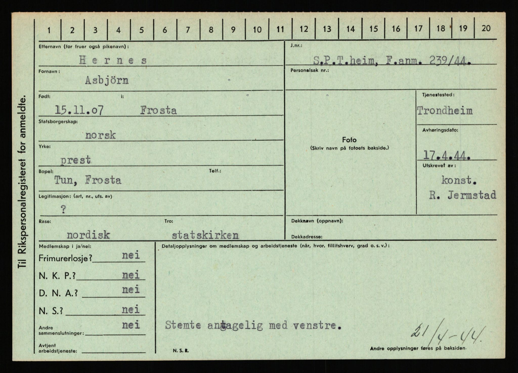 Statspolitiet - Hovedkontoret / Osloavdelingen, AV/RA-S-1329/C/Ca/L0006: Hanche - Hokstvedt, 1943-1945, p. 3994