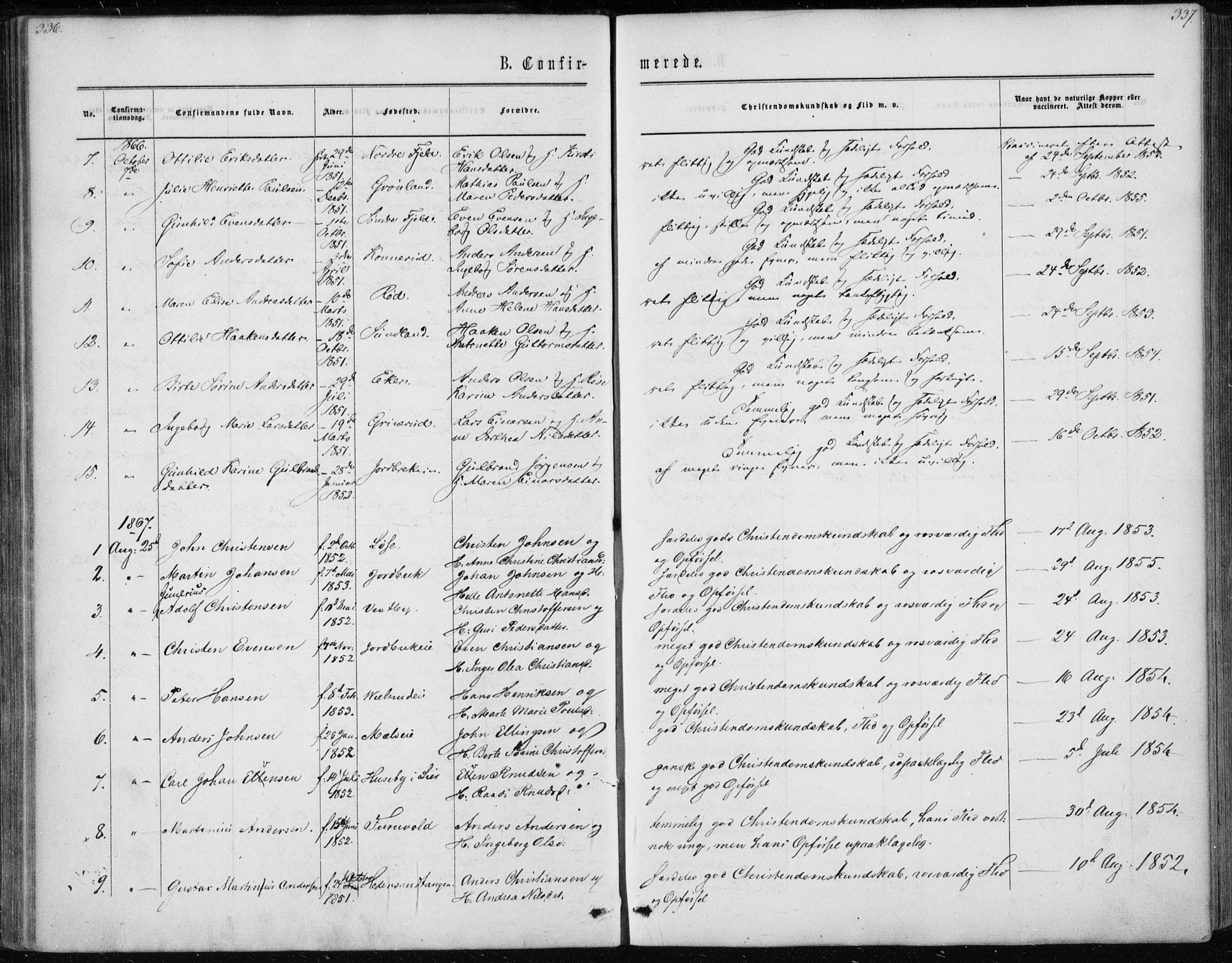 Skoger kirkebøker, AV/SAKO-A-59/F/Fa/L0004: Parish register (official) no. I 4, 1862-1872, p. 336-337