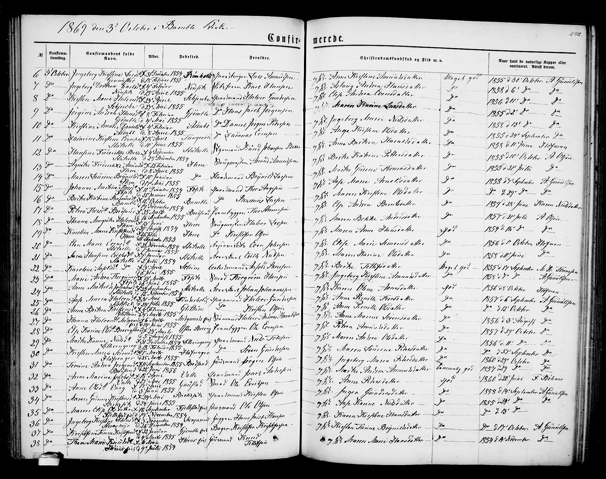 Bamble kirkebøker, SAKO/A-253/G/Ga/L0006: Parish register (copy) no. I 6, 1860-1876, p. 242