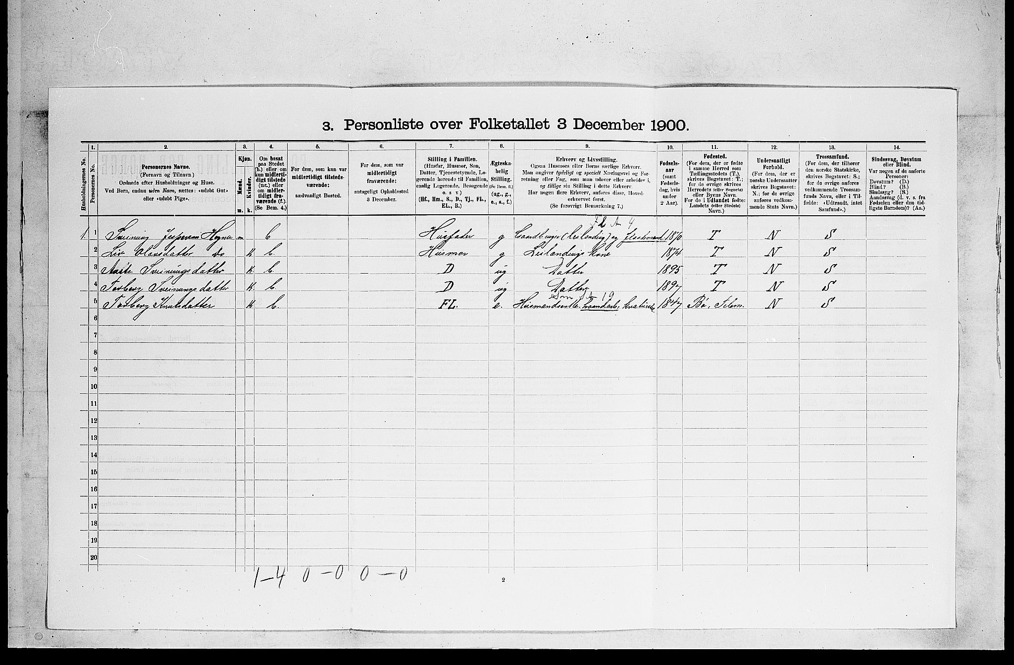 SAKO, 1900 census for Lunde, 1900, p. 172