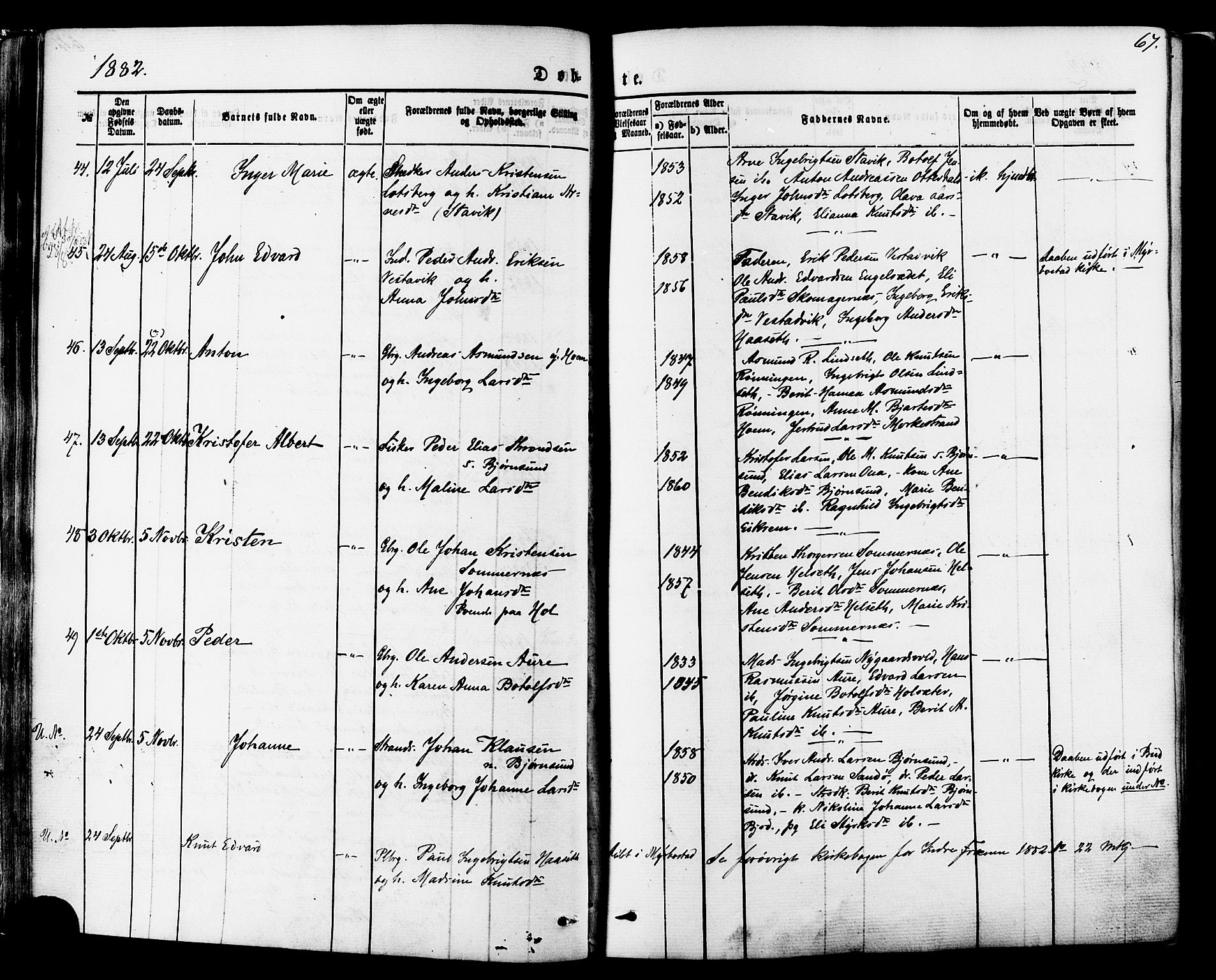 Ministerialprotokoller, klokkerbøker og fødselsregistre - Møre og Romsdal, AV/SAT-A-1454/565/L0749: Parish register (official) no. 565A03, 1871-1886, p. 67