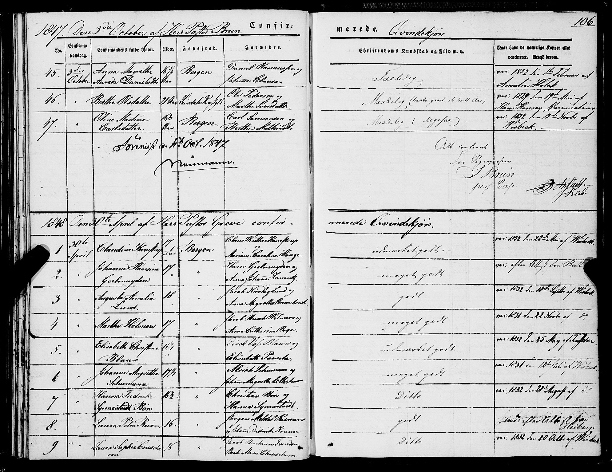 Domkirken sokneprestembete, SAB/A-74801/H/Haa/L0027: Parish register (official) no. C 2, 1841-1852, p. 106