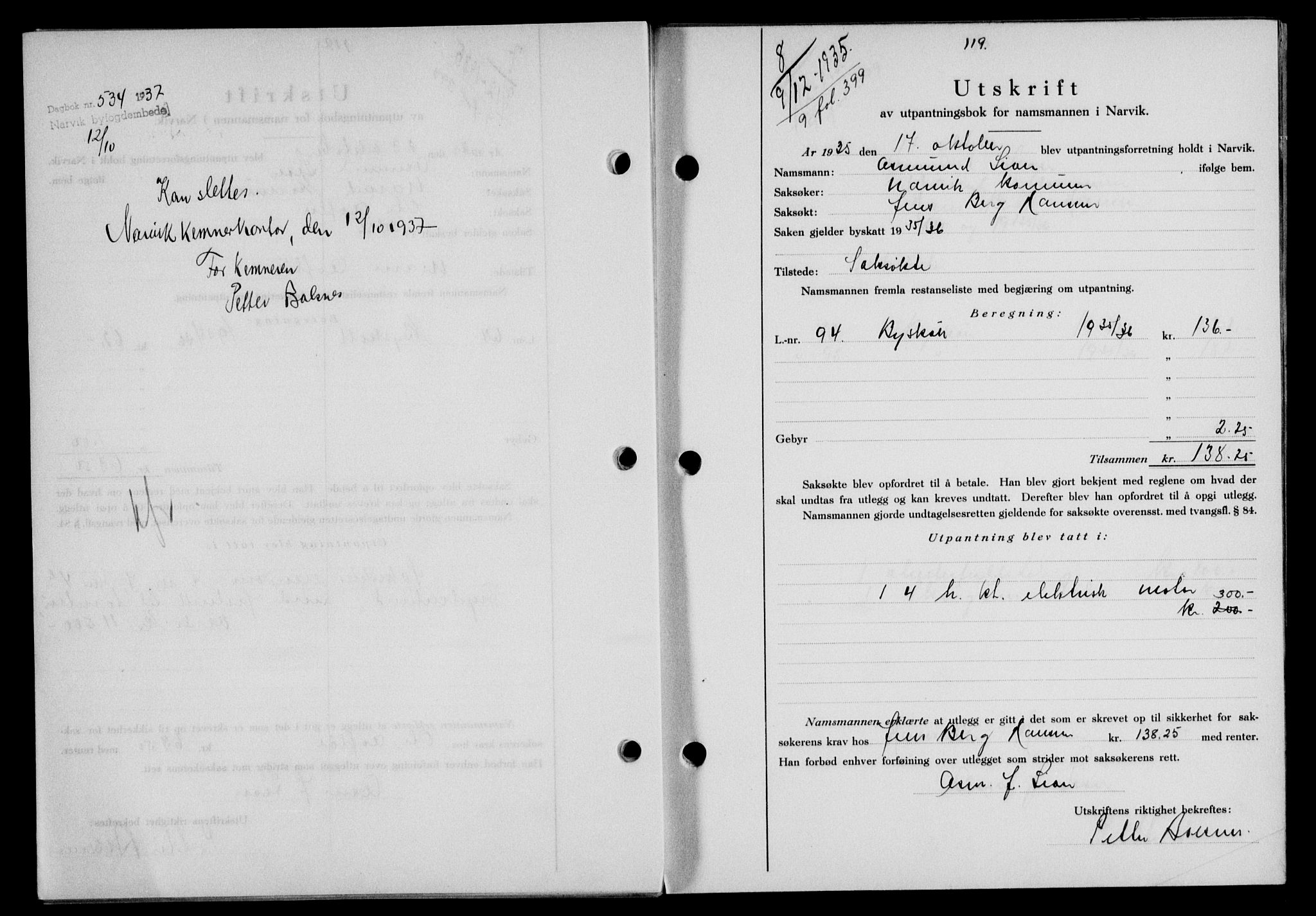 Narvik sorenskriveri, SAT/A-0002/1/2/2C/2Ca/L0011: Mortgage book no. 14, 1935-1937, Deed date: 09.12.1935