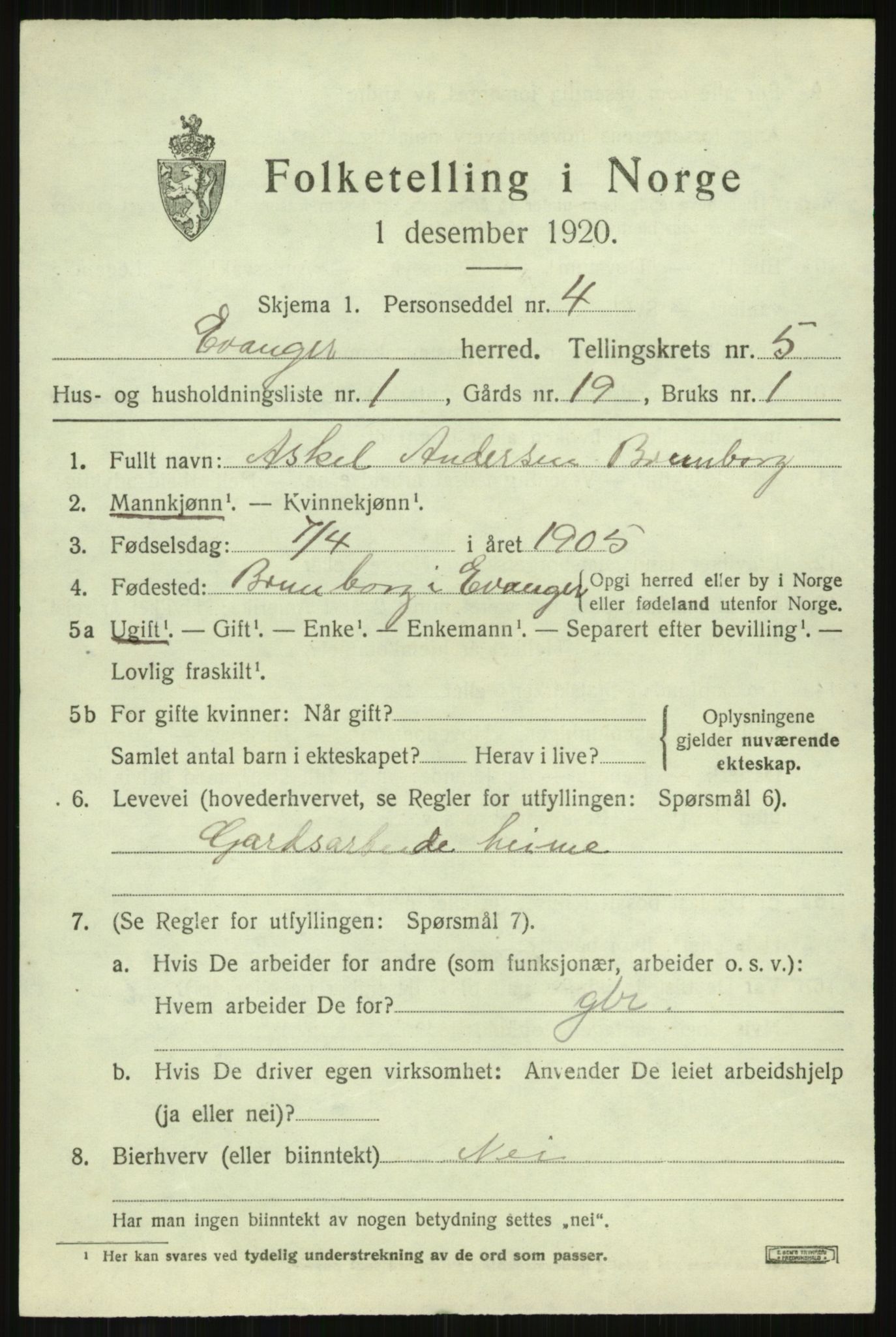 SAB, 1920 census for Evanger, 1920, p. 1663