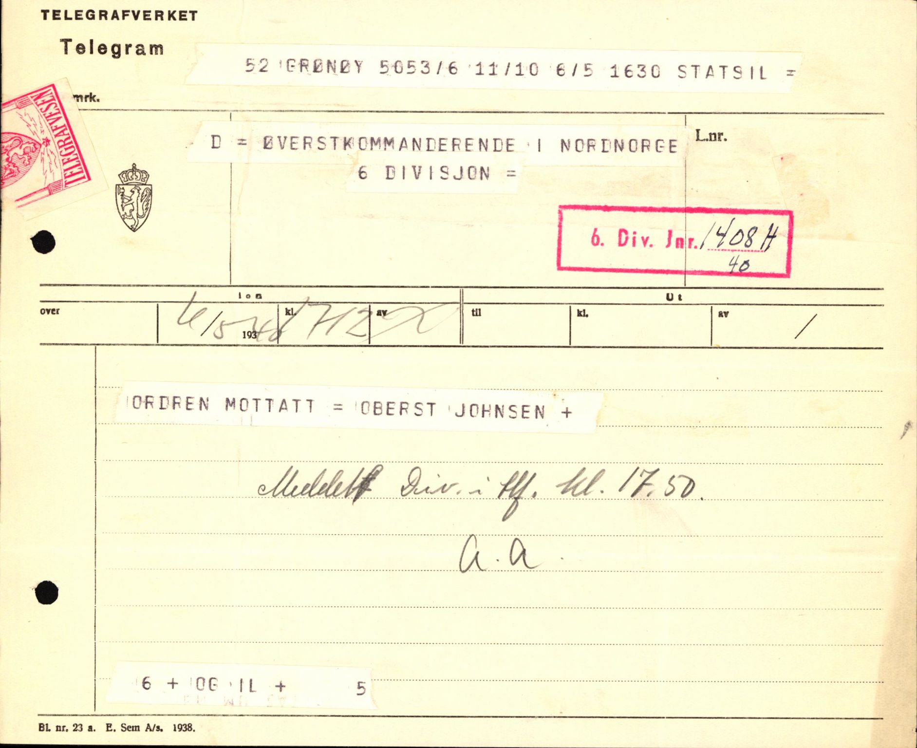 Forsvaret, Forsvarets krigshistoriske avdeling, AV/RA-RAFA-2017/Y/Yb/L0122: II-C-11-600  -  6. Divisjon med avdelinger, 1940, p. 452