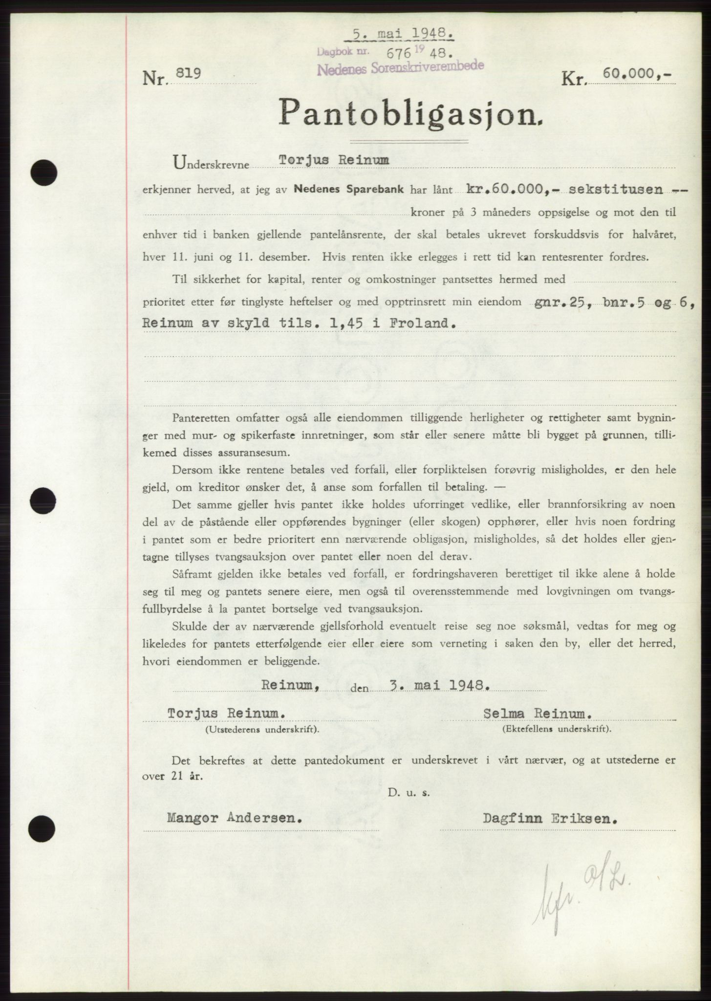 Nedenes sorenskriveri, AV/SAK-1221-0006/G/Gb/Gbb/L0005: Mortgage book no. B5, 1948-1948, Diary no: : 676/1948