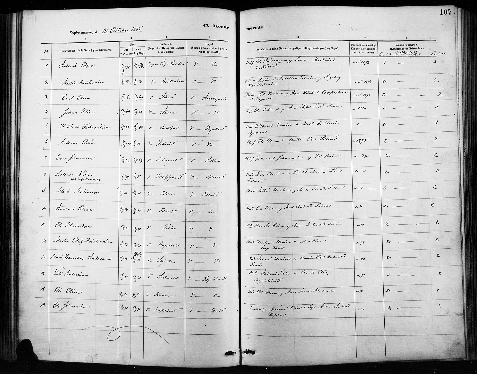 Nordre Land prestekontor, SAH/PREST-124/H/Ha/Haa/L0004: Parish register (official) no. 4, 1882-1896, p. 107