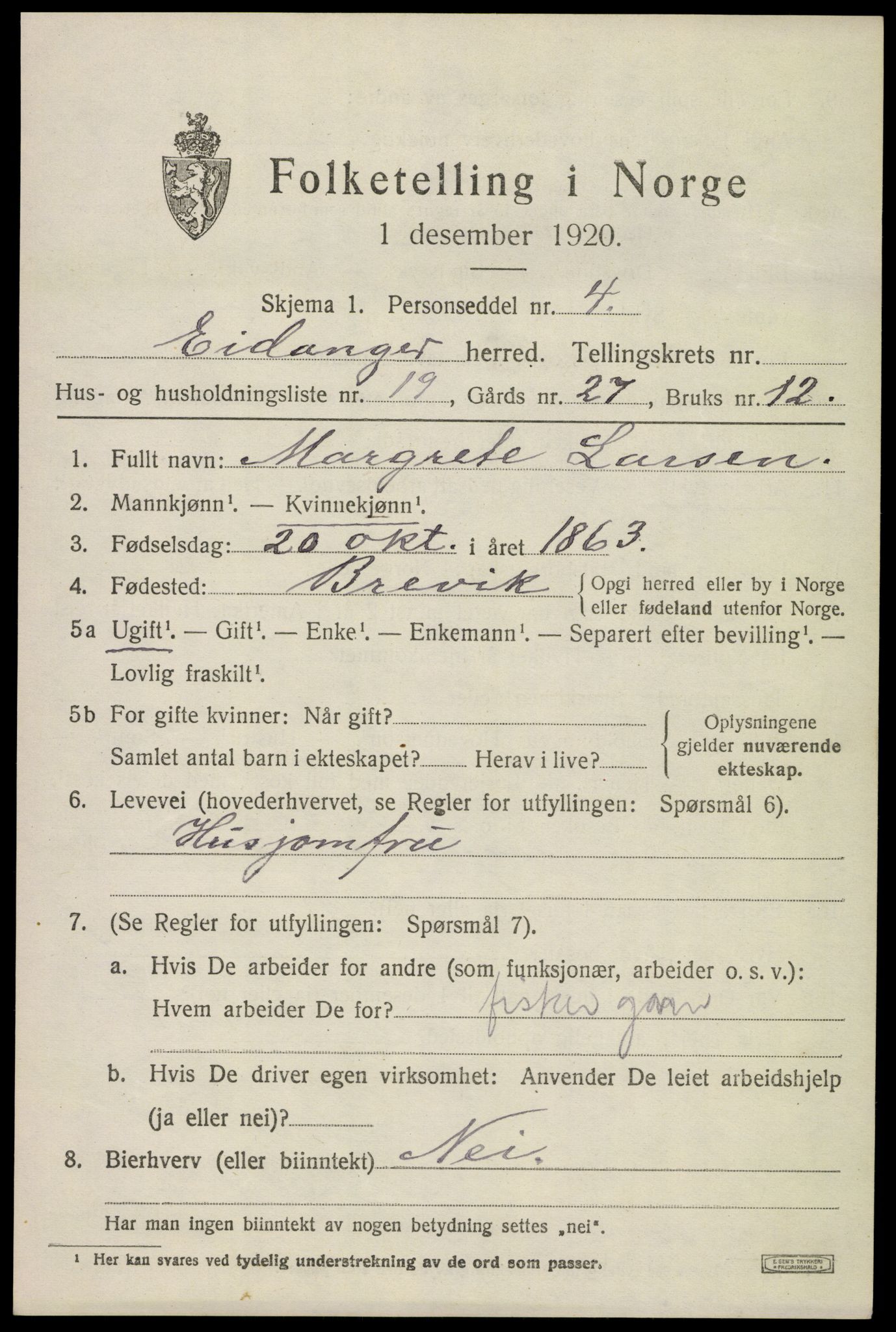 SAKO, 1920 census for Eidanger, 1920, p. 5264