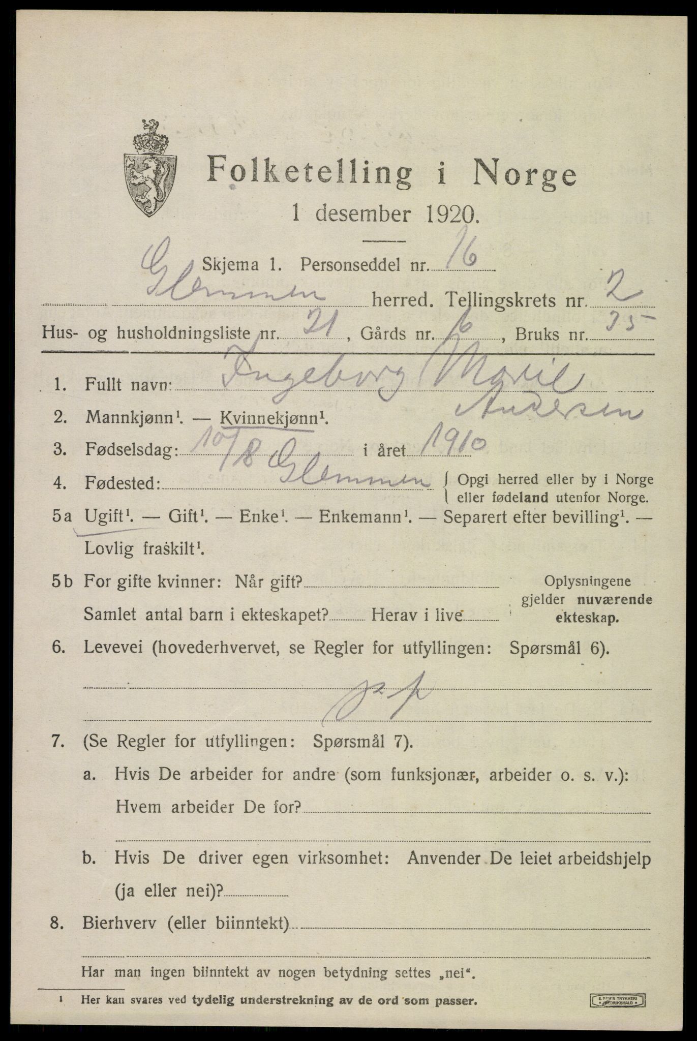 SAO, 1920 census for Glemmen, 1920, p. 4397