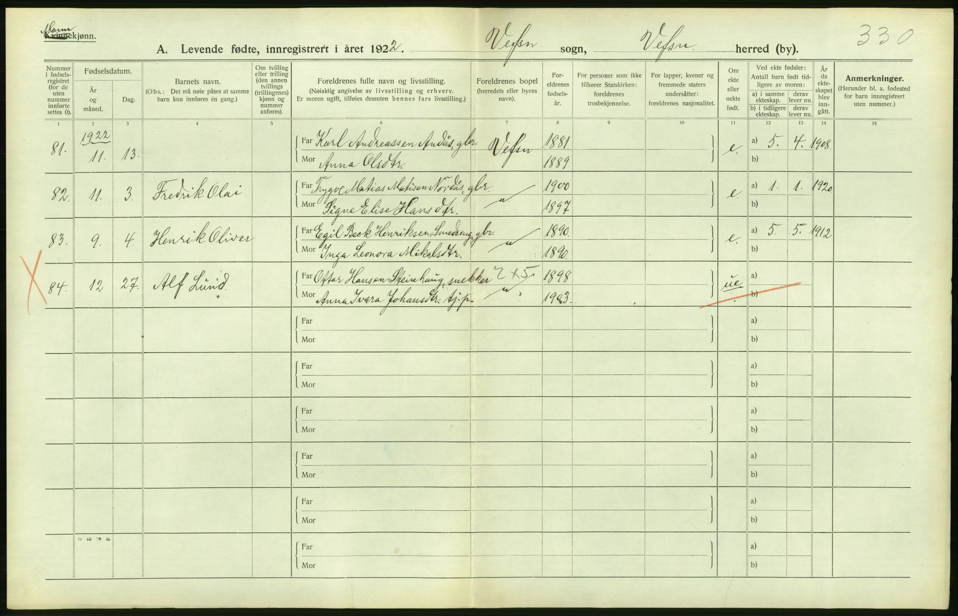 Statistisk sentralbyrå, Sosiodemografiske emner, Befolkning, RA/S-2228/D/Df/Dfc/Dfcb/L0044: Nordland fylke: Levendefødte menn og kvinner. Bygder og byer., 1922, p. 356