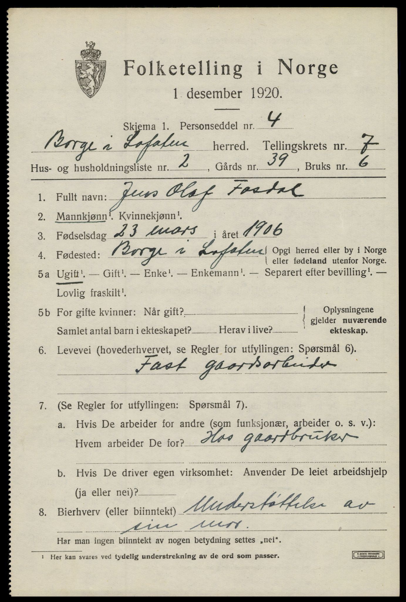 SAT, 1920 census for Borge, 1920, p. 6397