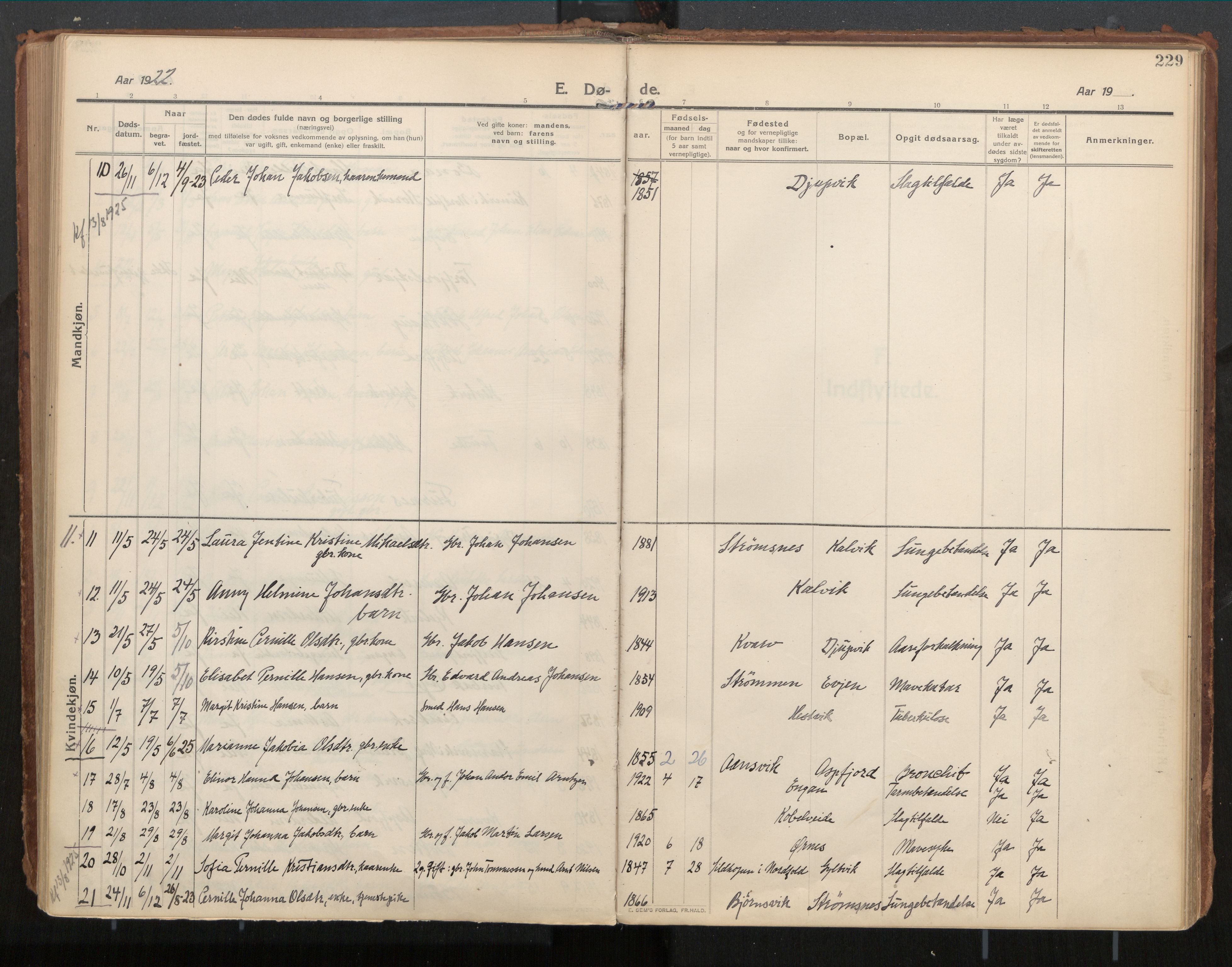 Ministerialprotokoller, klokkerbøker og fødselsregistre - Nordland, AV/SAT-A-1459/854/L0784: Parish register (official) no. 854A07, 1910-1922, p. 229