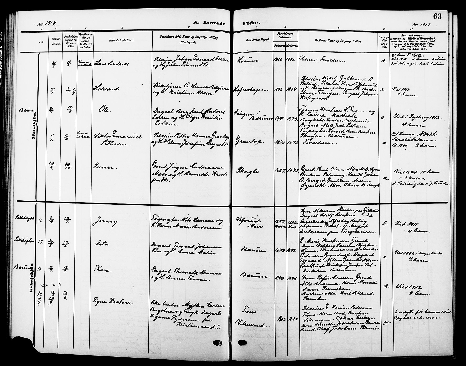 Hole kirkebøker, AV/SAKO-A-228/G/Ga/L0004: Parish register (copy) no. I 4, 1905-1924, p. 63