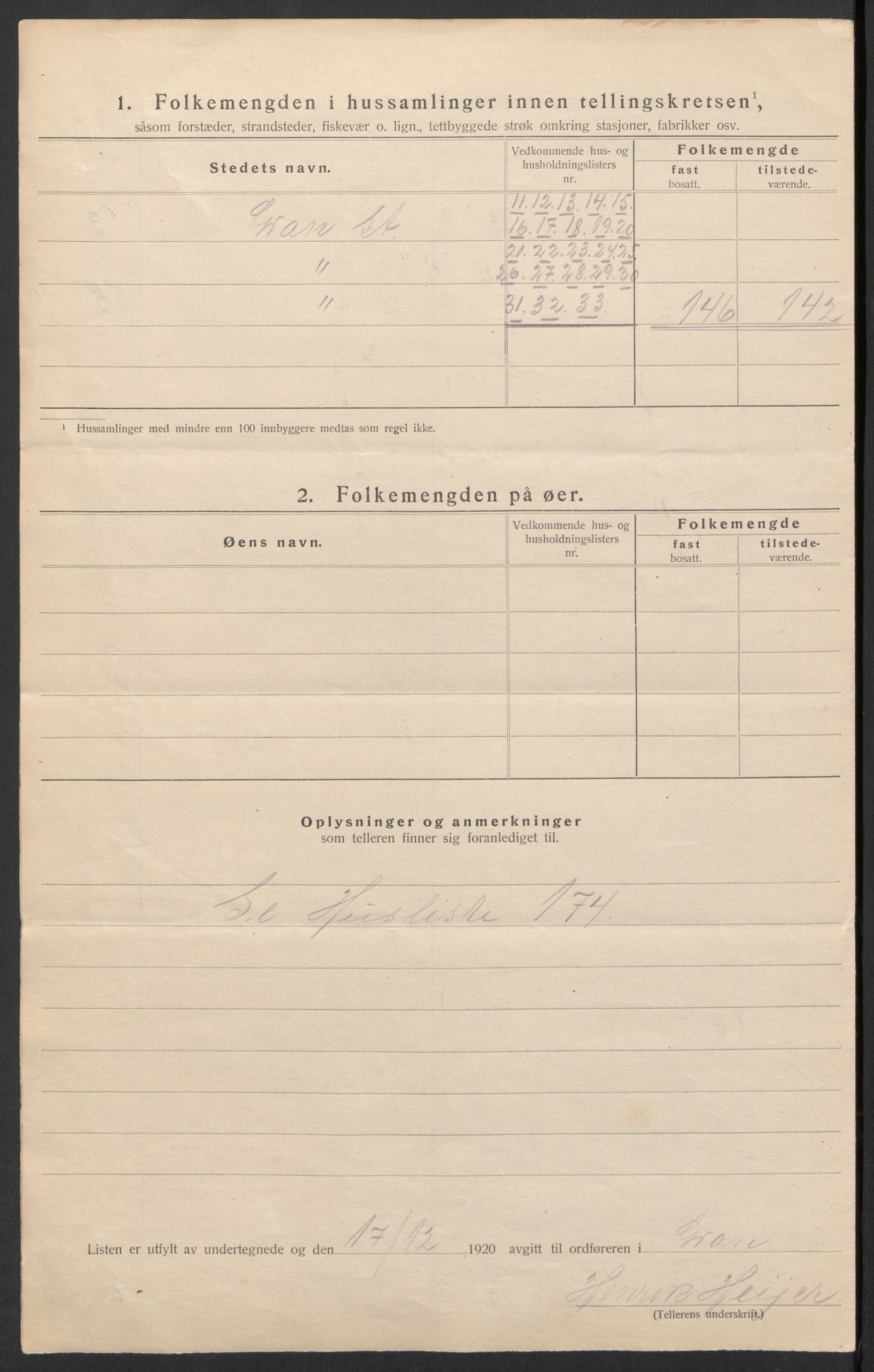 SAH, 1920 census for Gran, 1920, p. 19