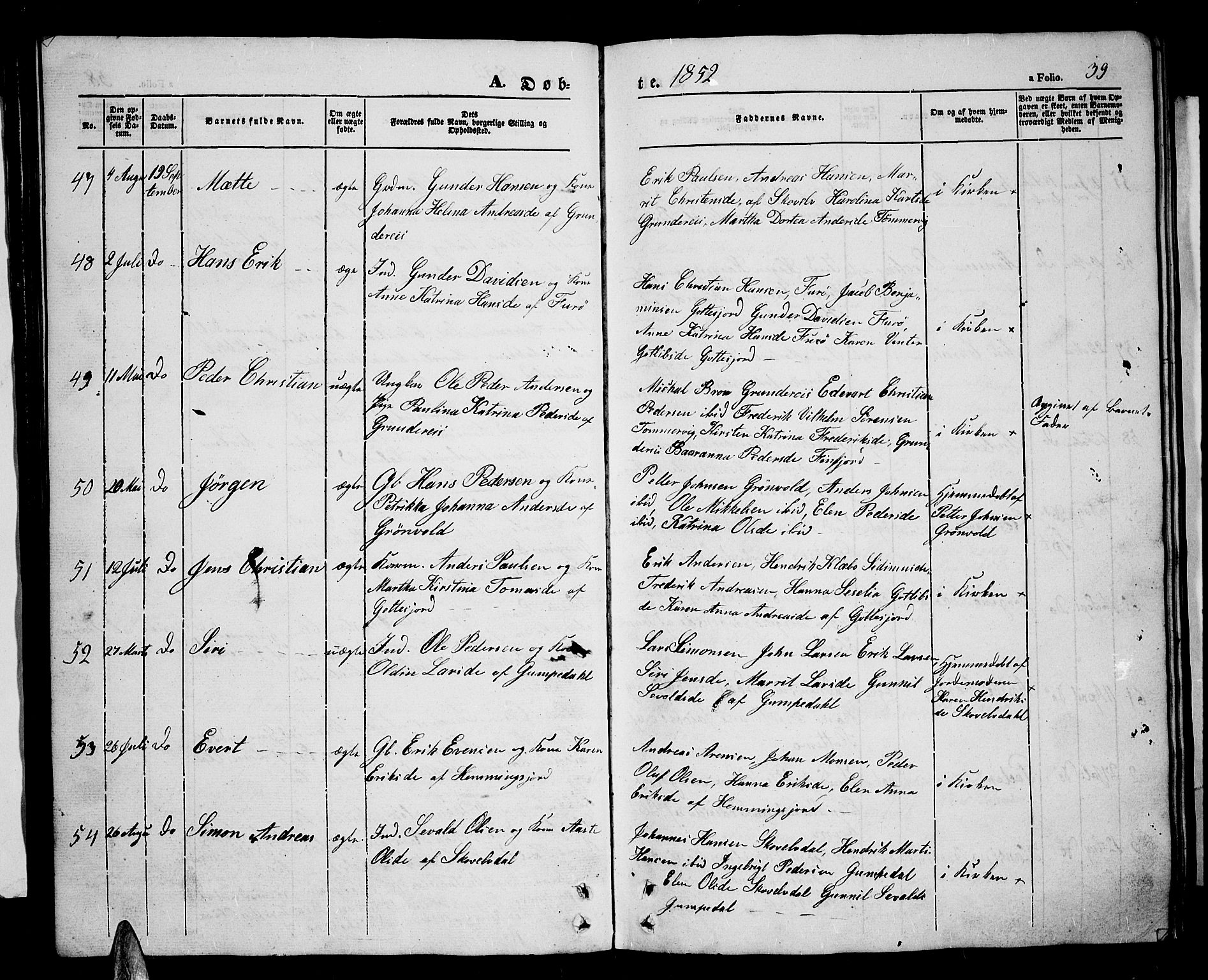 Tranøy sokneprestkontor, SATØ/S-1313/I/Ia/Iab/L0002klokker: Parish register (copy) no. 2, 1847-1860, p. 39