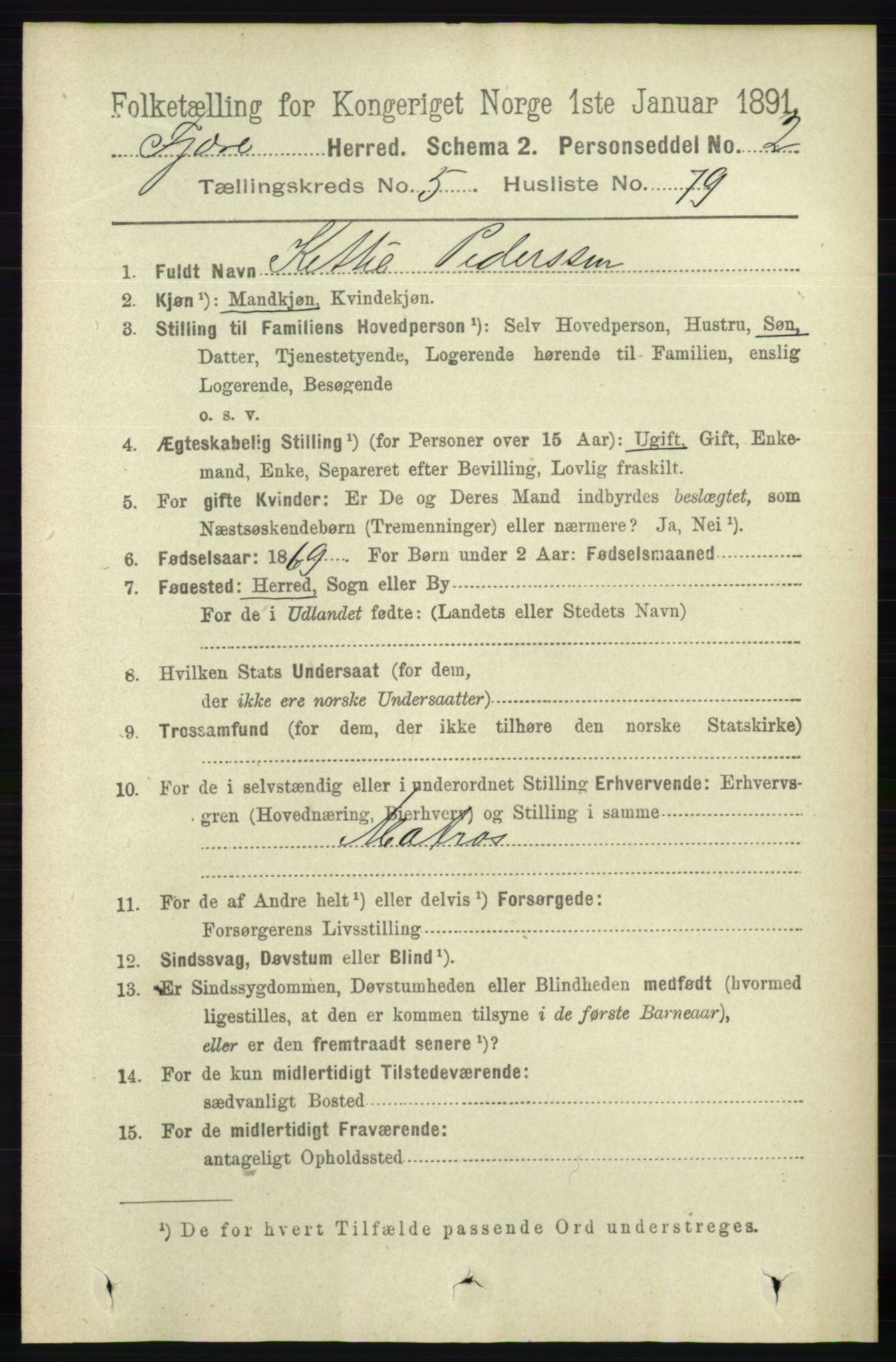 RA, 1891 census for 0923 Fjære, 1891, p. 2824