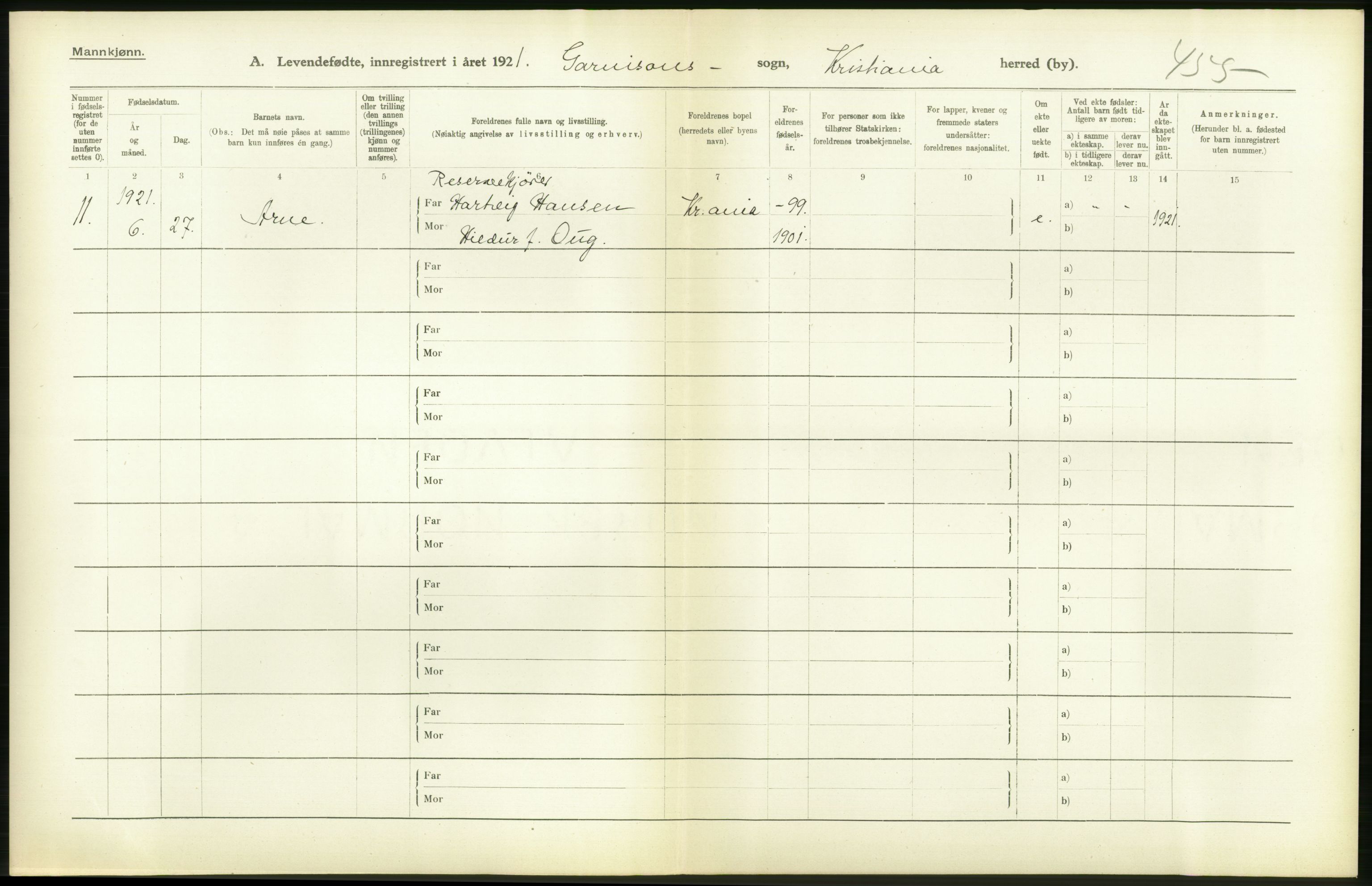 Statistisk sentralbyrå, Sosiodemografiske emner, Befolkning, RA/S-2228/D/Df/Dfc/Dfca/L0009: Kristiania: Levendefødte menn og kvinner., 1921, p. 350