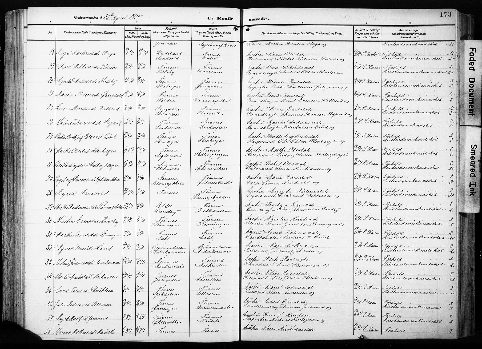 Furnes prestekontor, AV/SAH-PREST-012/L/La/L0001: Parish register (copy) no. 1, 1904-1933, p. 173