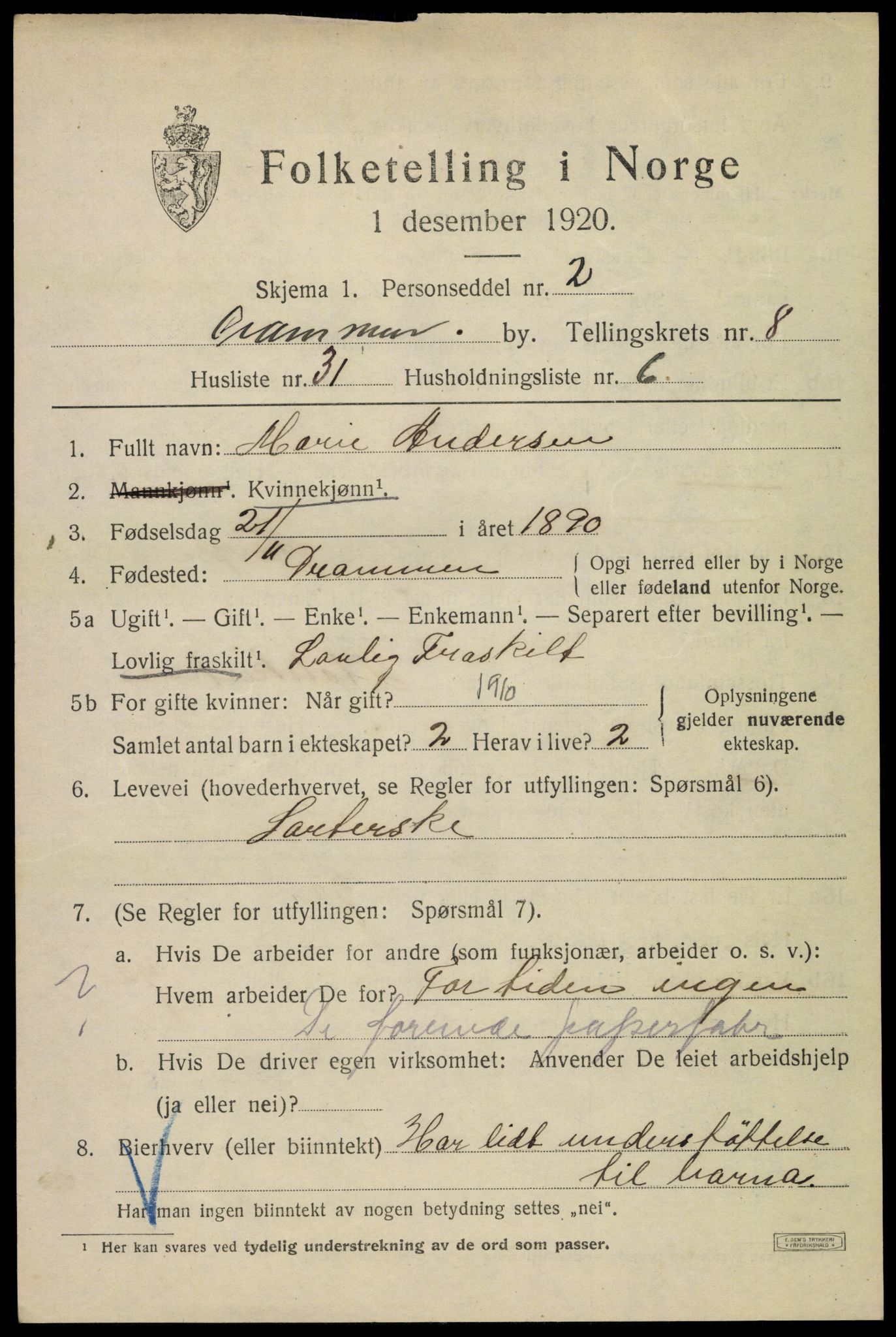 SAKO, 1920 census for Drammen, 1920, p. 54127