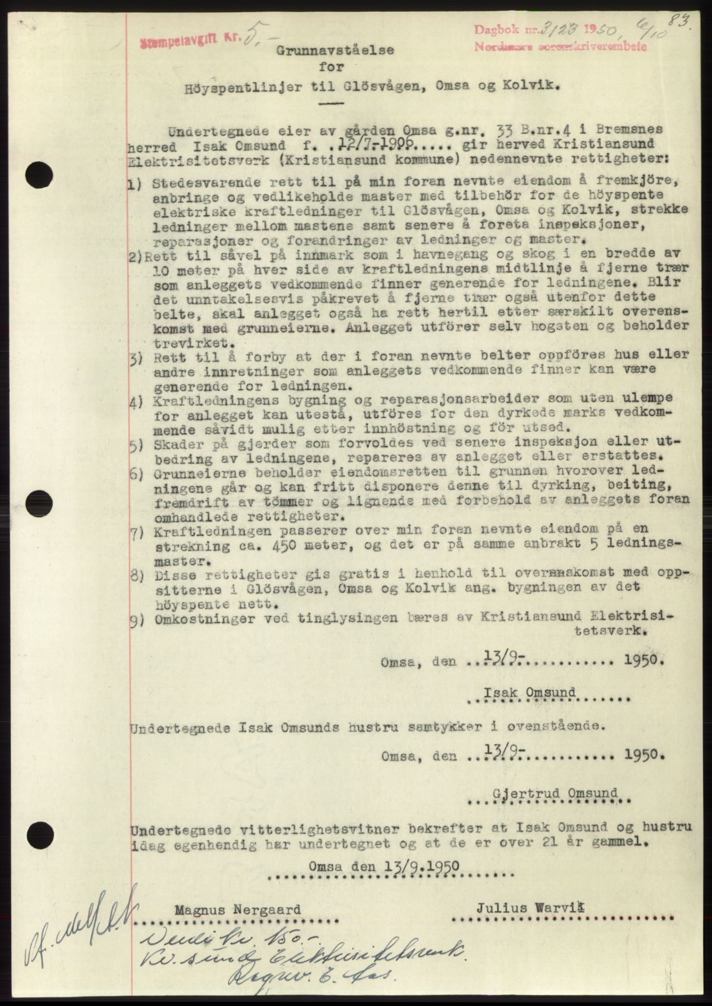 Nordmøre sorenskriveri, AV/SAT-A-4132/1/2/2Ca: Mortgage book no. B106, 1950-1950, Diary no: : 3123/1950