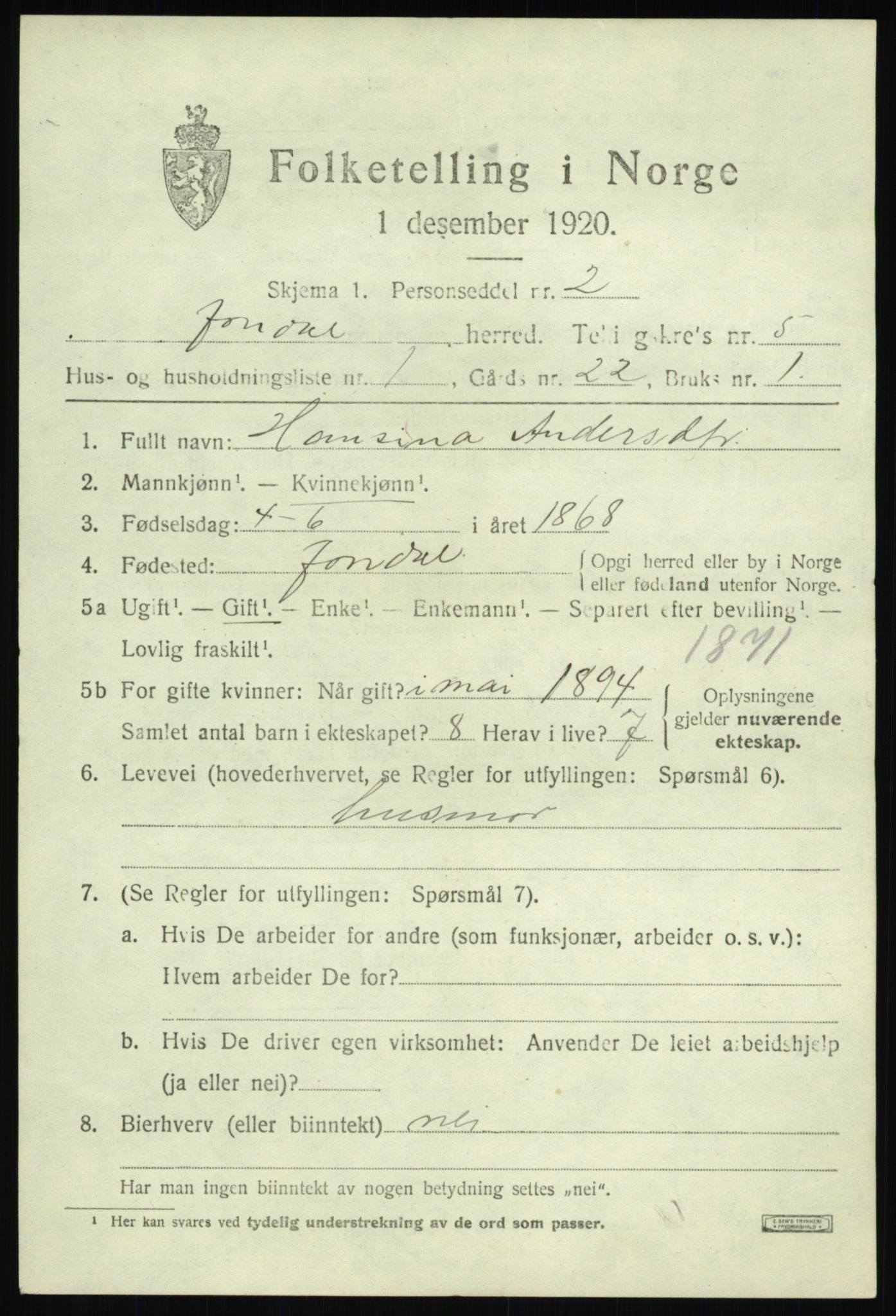 SAB, 1920 census for Jondal, 1920, p. 2494