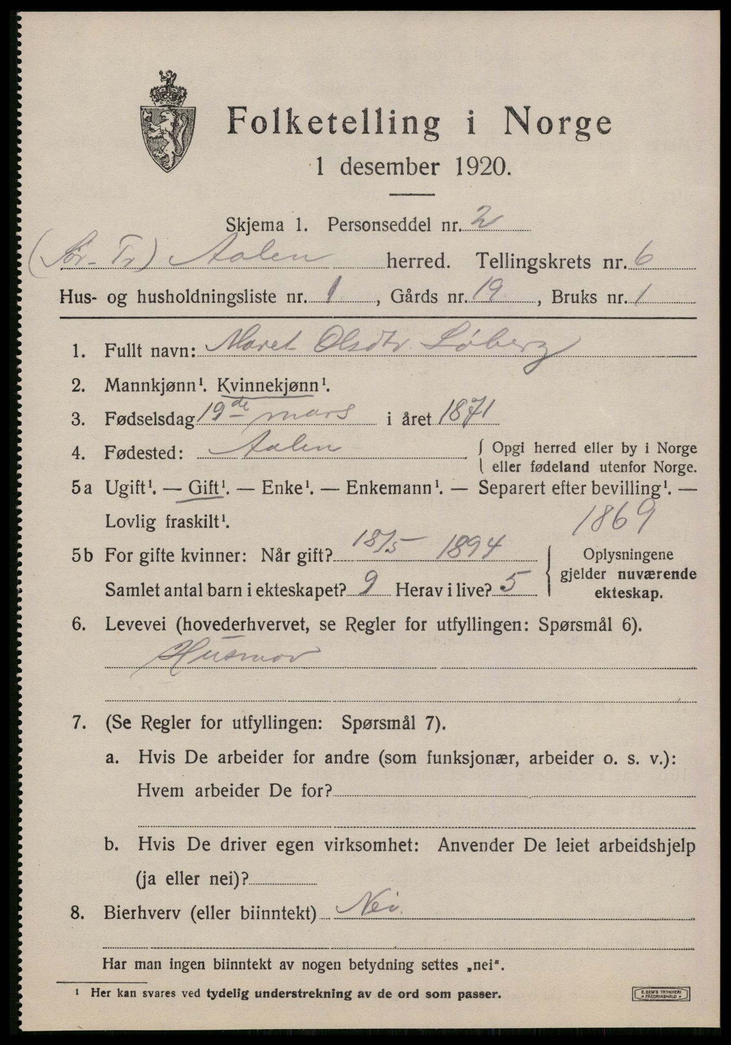 SAT, 1920 census for Ålen, 1920, p. 2918