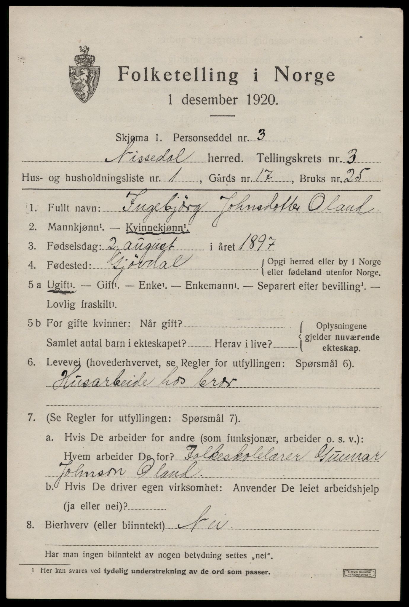 SAKO, 1920 census for Nissedal, 1920, p. 1507