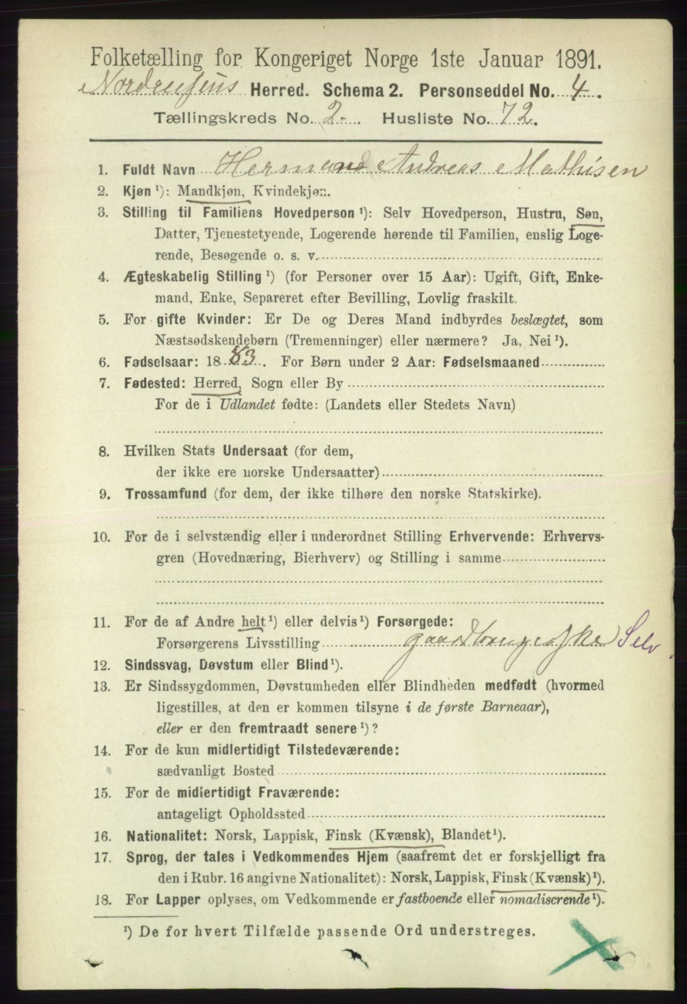 RA, 1891 census for 1942 Nordreisa, 1891, p. 1298