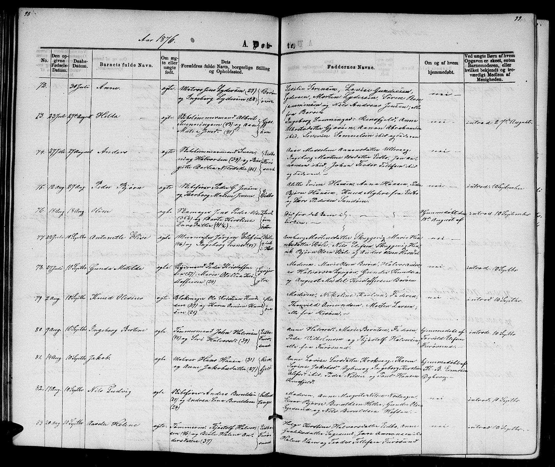 Dypvåg sokneprestkontor, AV/SAK-1111-0007/F/Fb/Fba/L0012: Parish register (copy) no. B 12, 1872-1886, p. 98-99